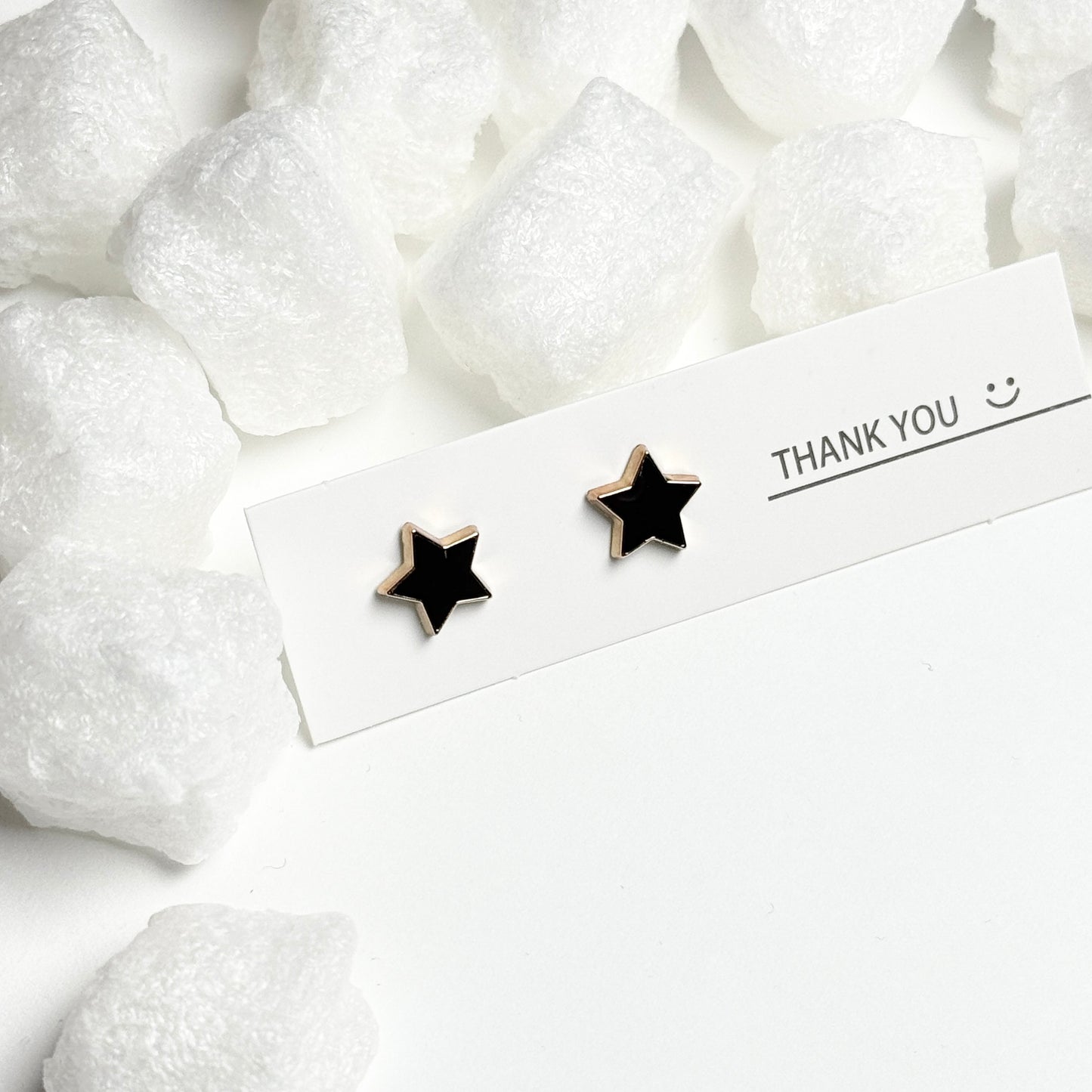 Black Enamel Star Gold Frame Stud Earrings D
