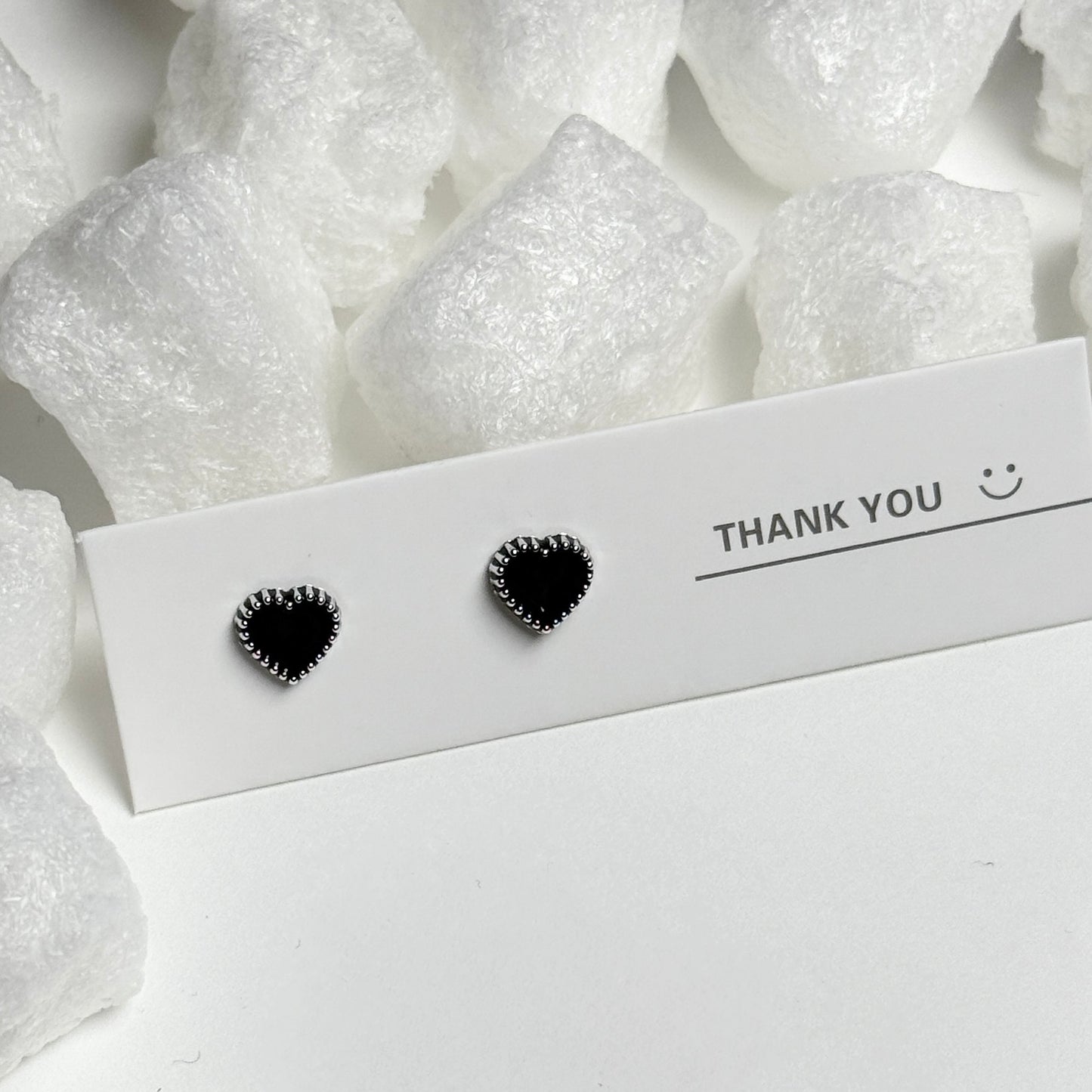 Black Enamel Heart Silver Beaded Frame Stud Earrings D