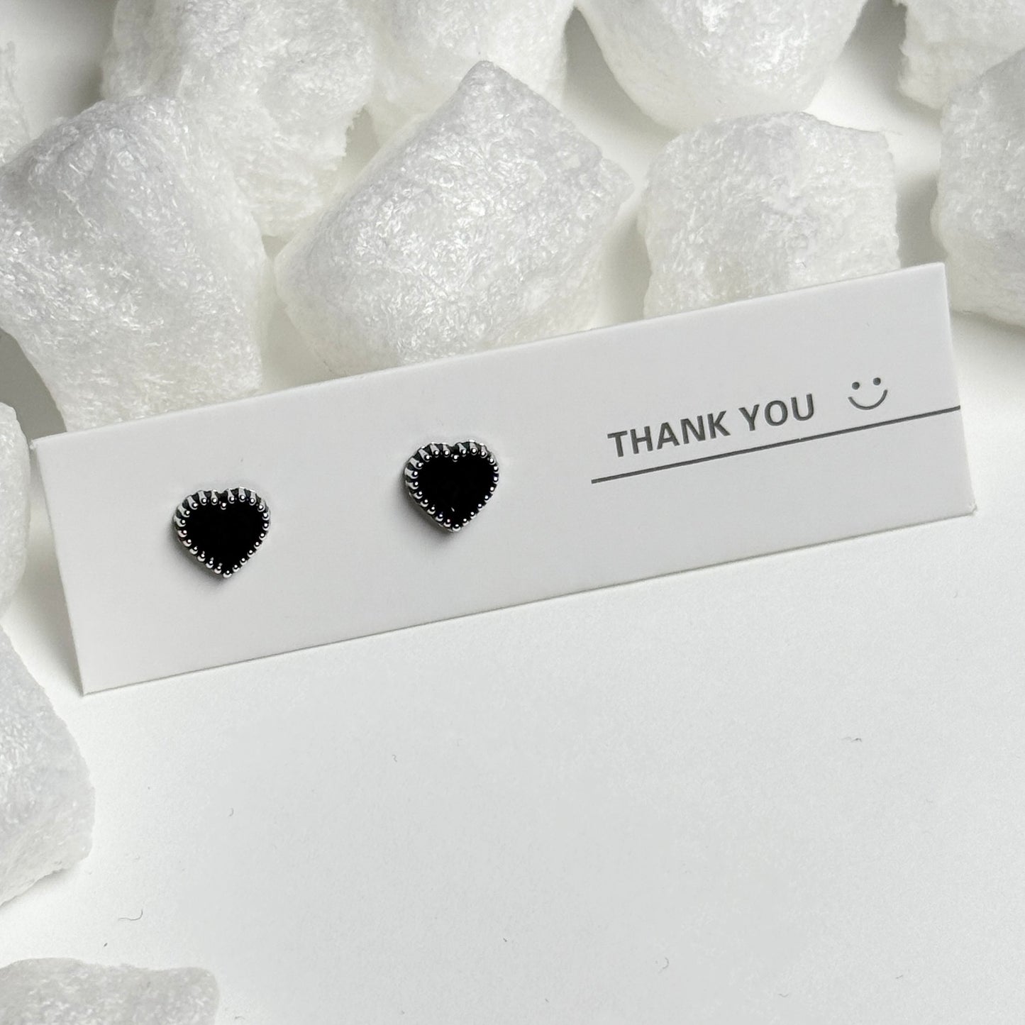 Black Enamel Heart Silver Beaded Frame Stud Earrings D