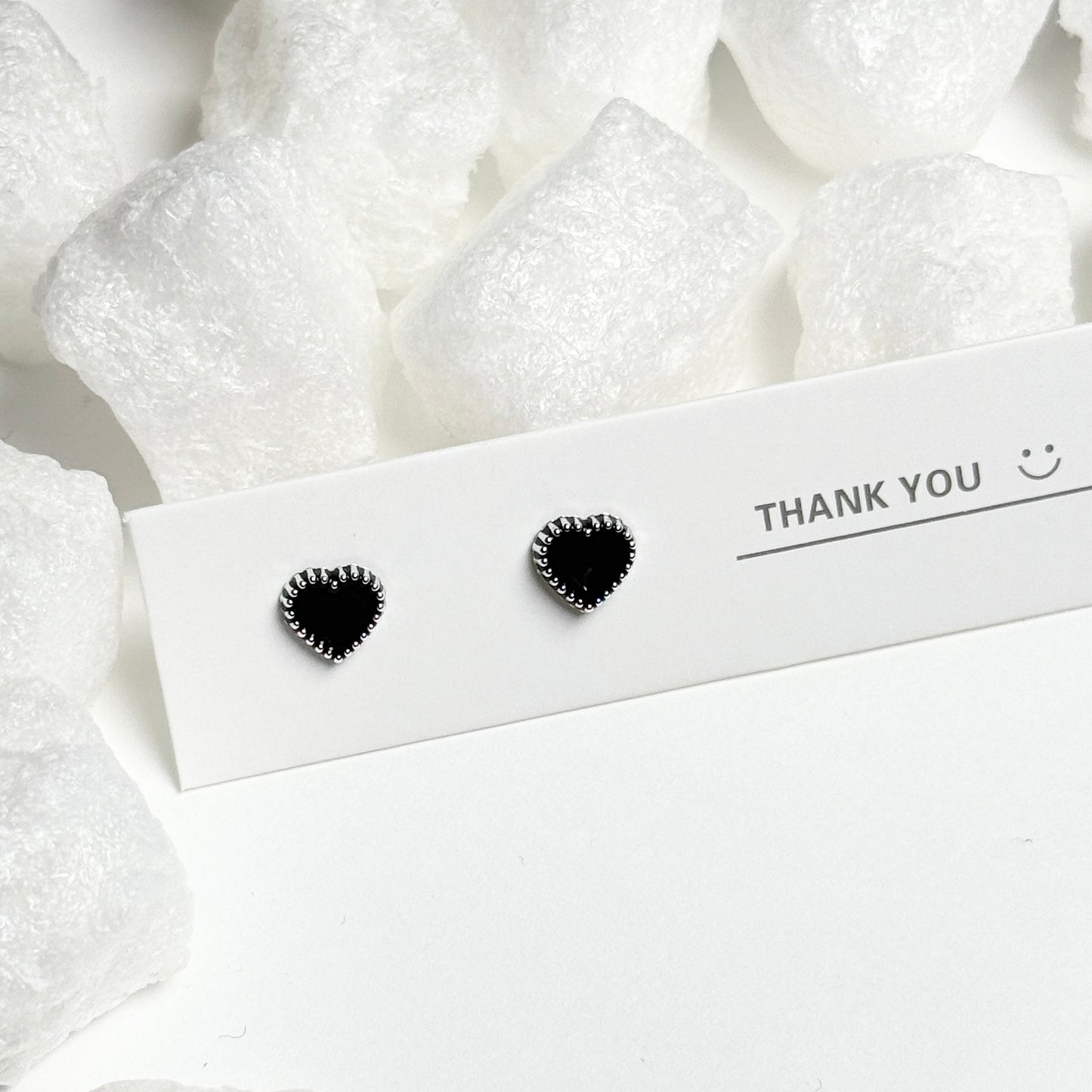 Black Enamel Heart Silver Beaded Frame Stud Earrings D