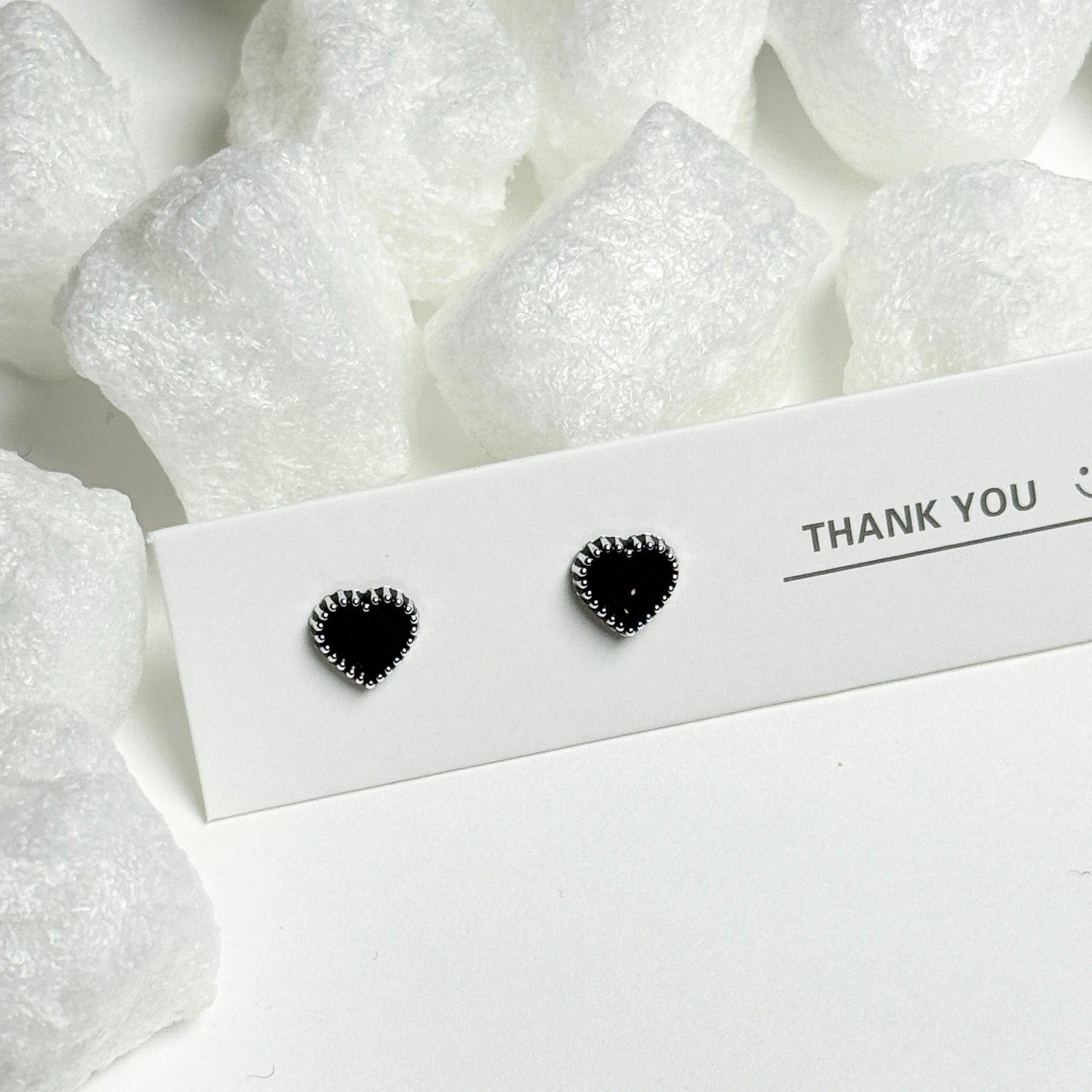 Black Enamel Heart Silver Beaded Frame Stud Earrings D