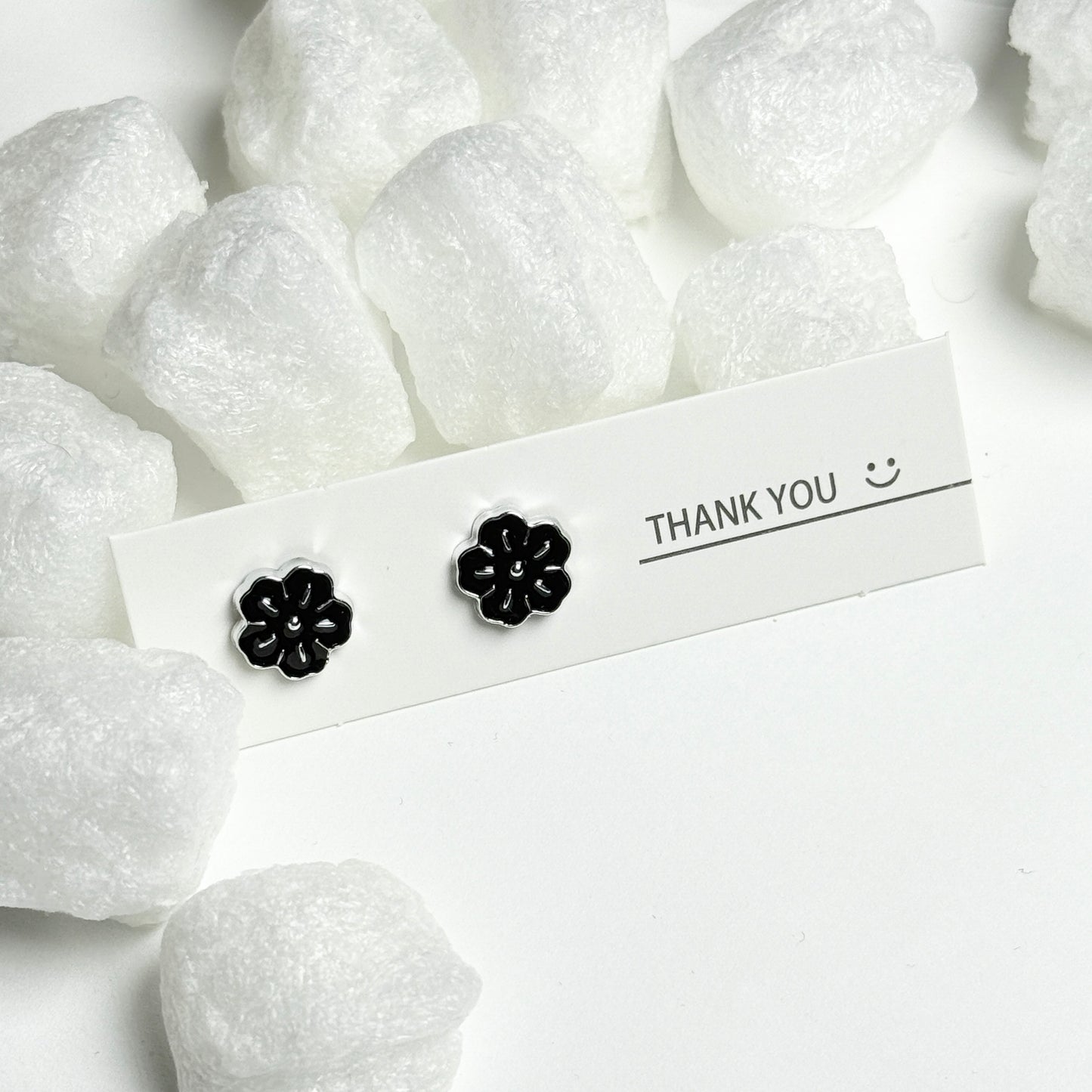 Black Enamel Flower Silver Frame Stud Earrings D
