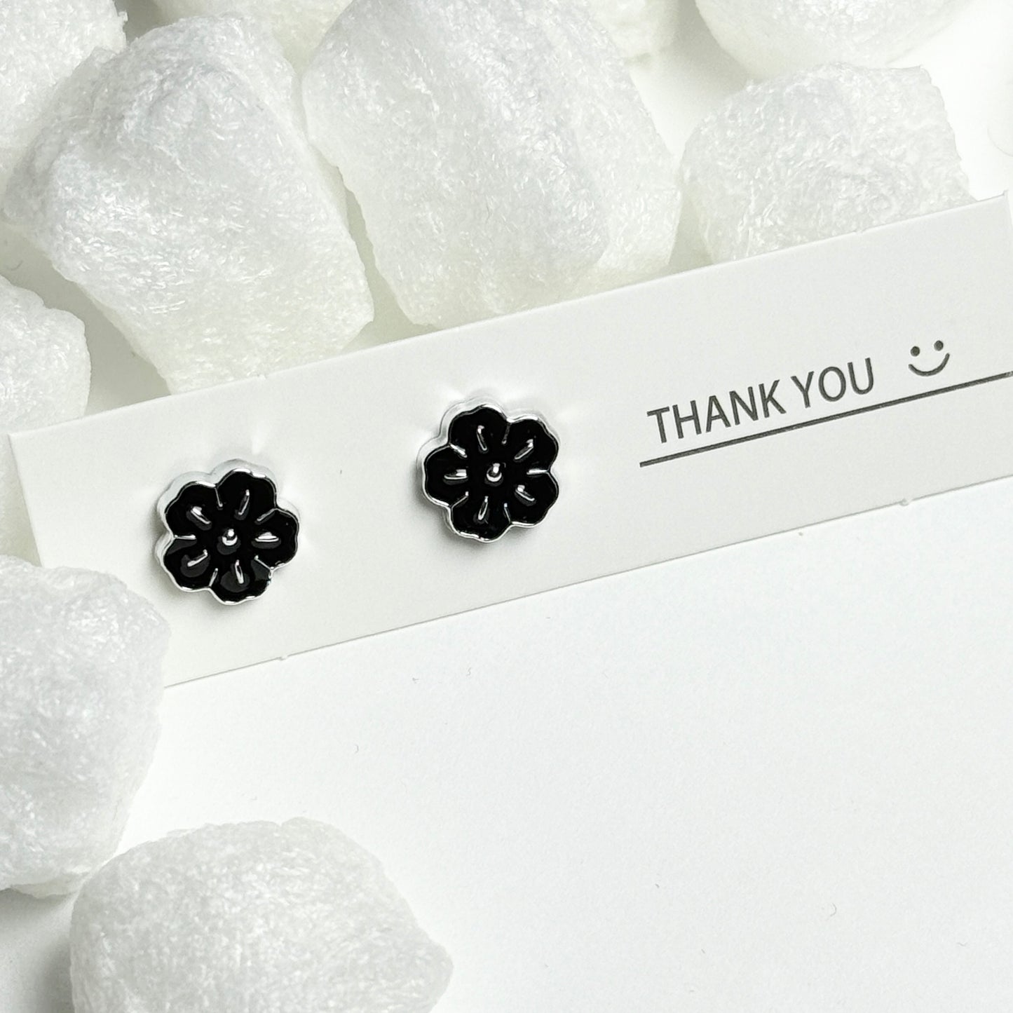 Black Enamel Flower Silver Frame Stud Earrings D