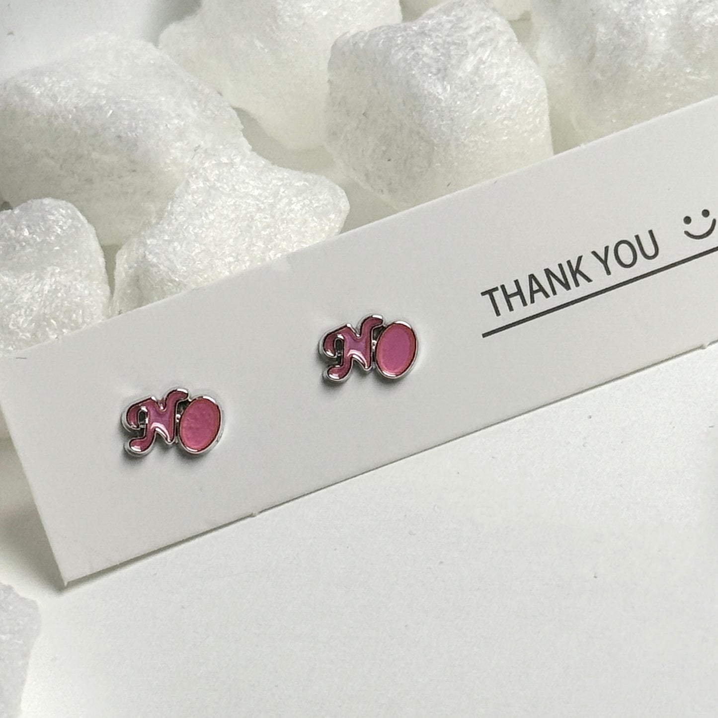 Pink Enamel Letter N Initial Silver Frame Stud Earrings D