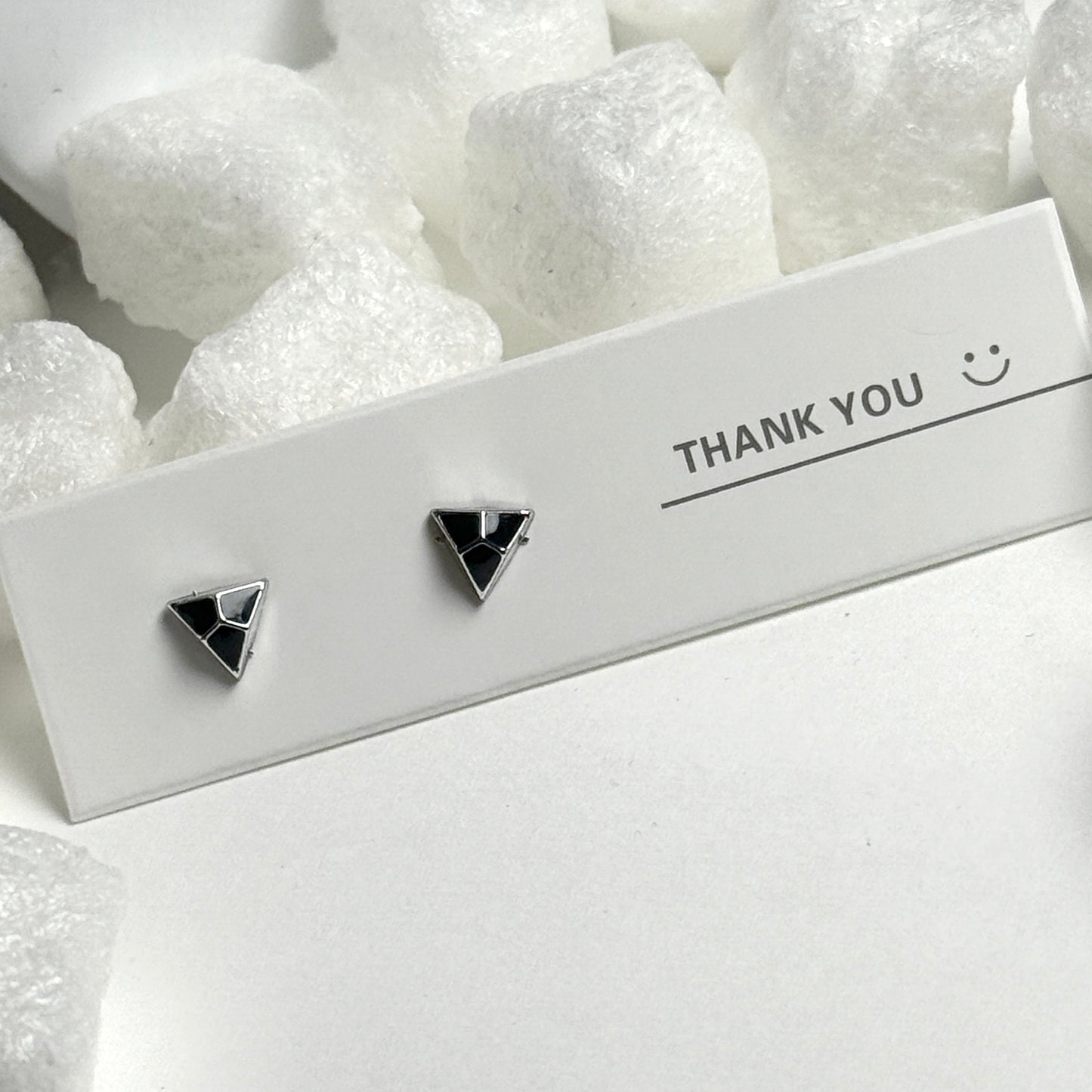 Black Enamel Triangle Silver Line Detail Stud Earrings C