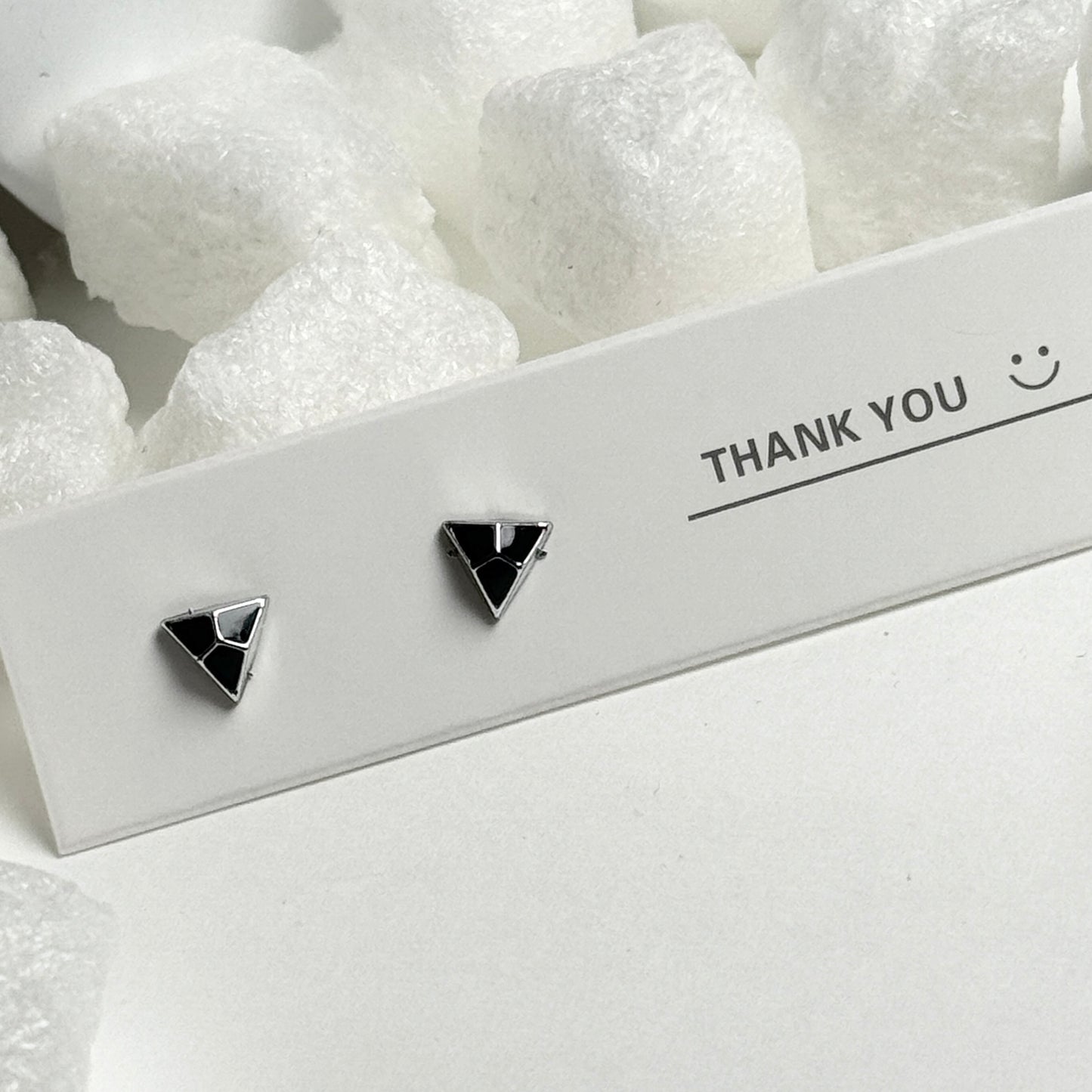 Black Enamel Triangle Silver Line Detail Stud Earrings C