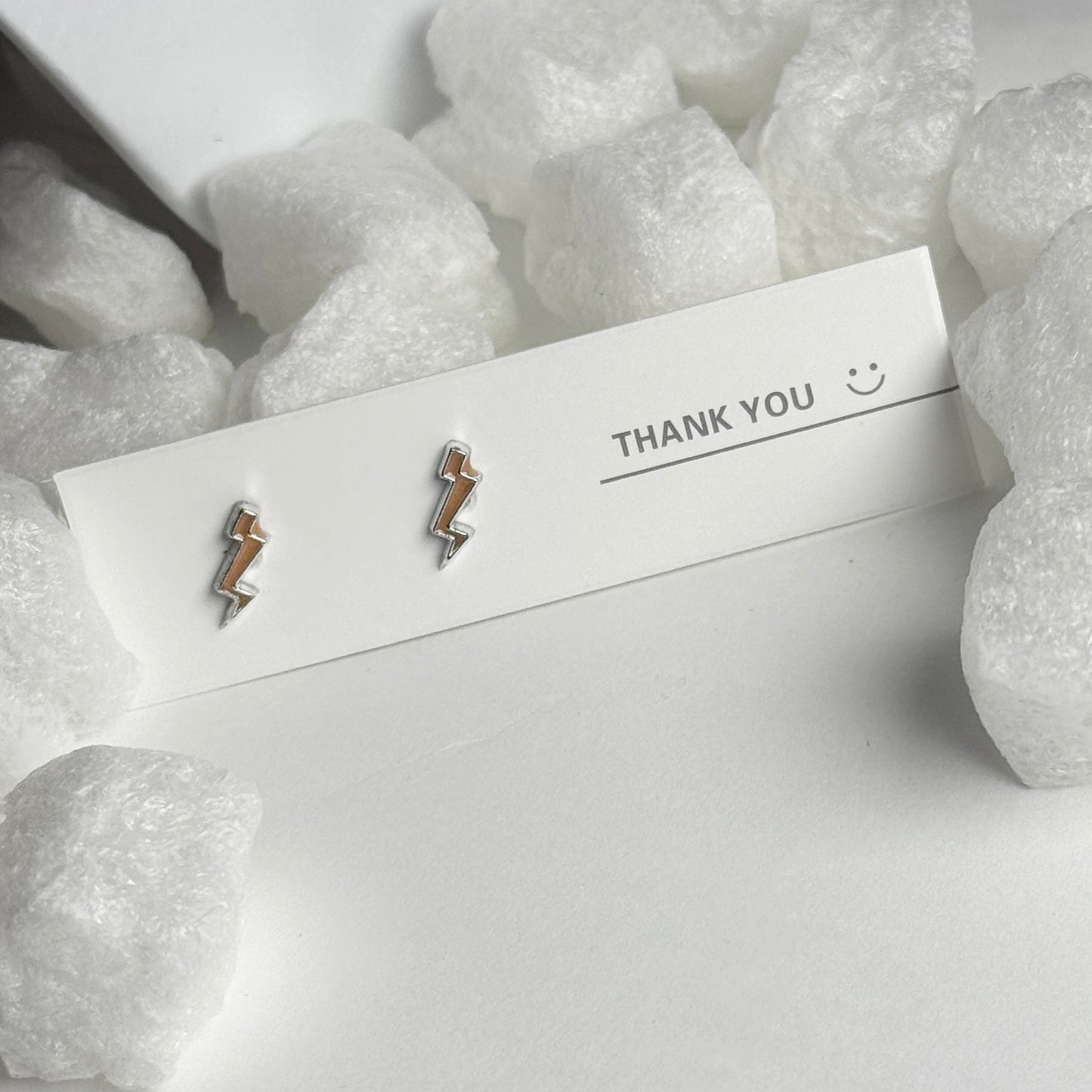 Orange Enamel Lightning Bolt Silver Frame Stud Earrings C