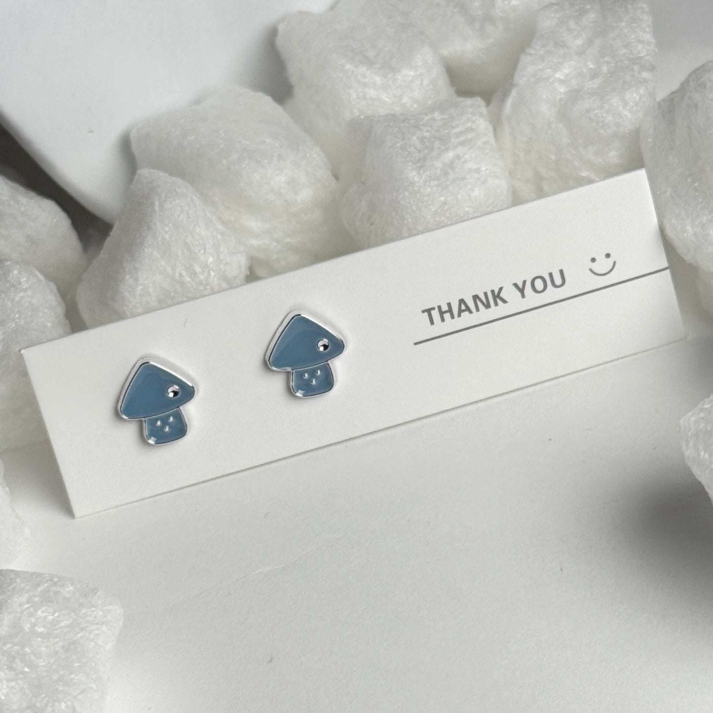 Blue Enamel Mushroom Silver Frame Stud Earrings C