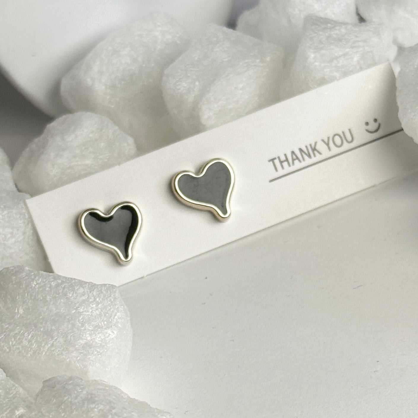 Black Enamel Heart Outline Silver Frame Stud Earrings B