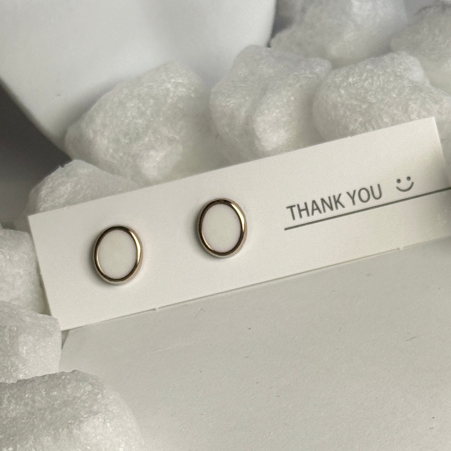 White Enamel Oval Gold Frame Stud Earrings B