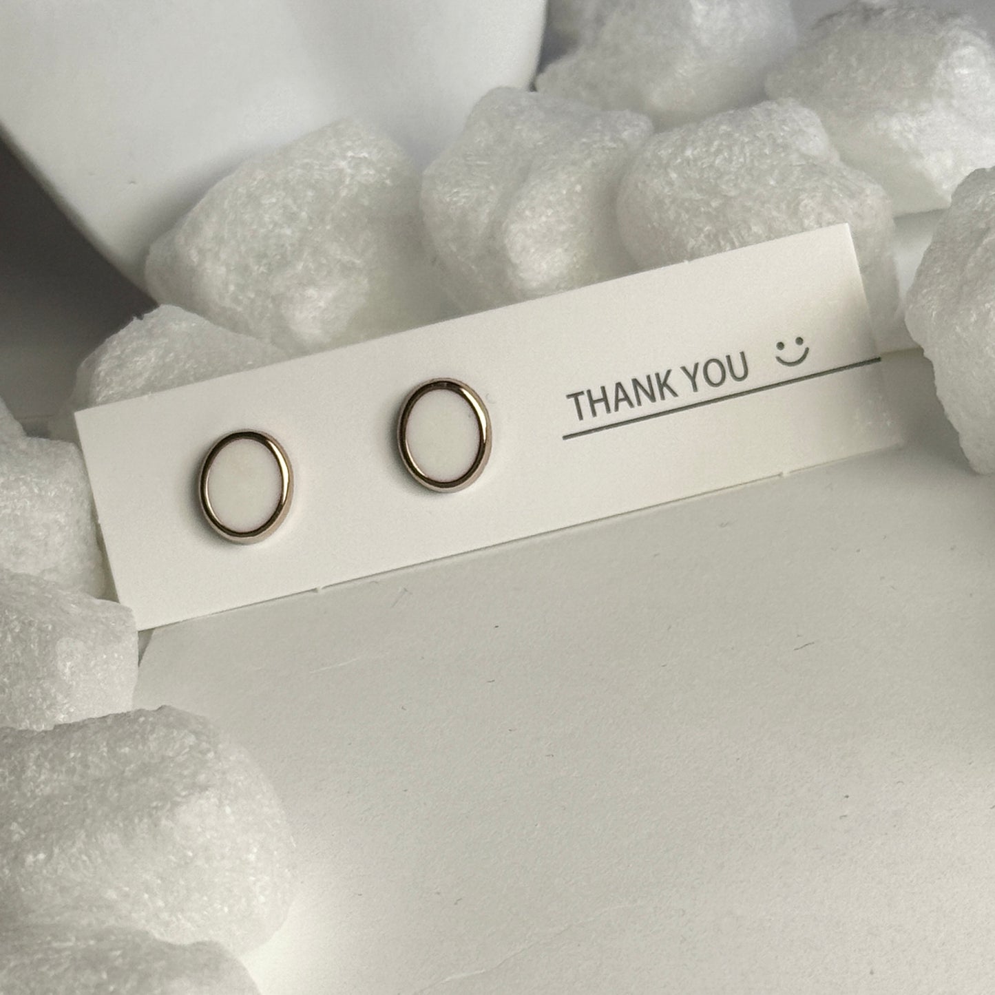 White Enamel Oval Gold Frame Stud Earrings B