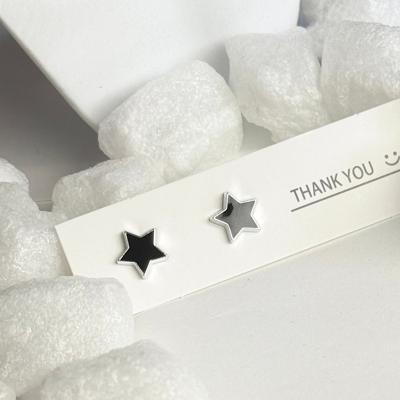 Black Enamel Star Silver Frame Stud Earrings B