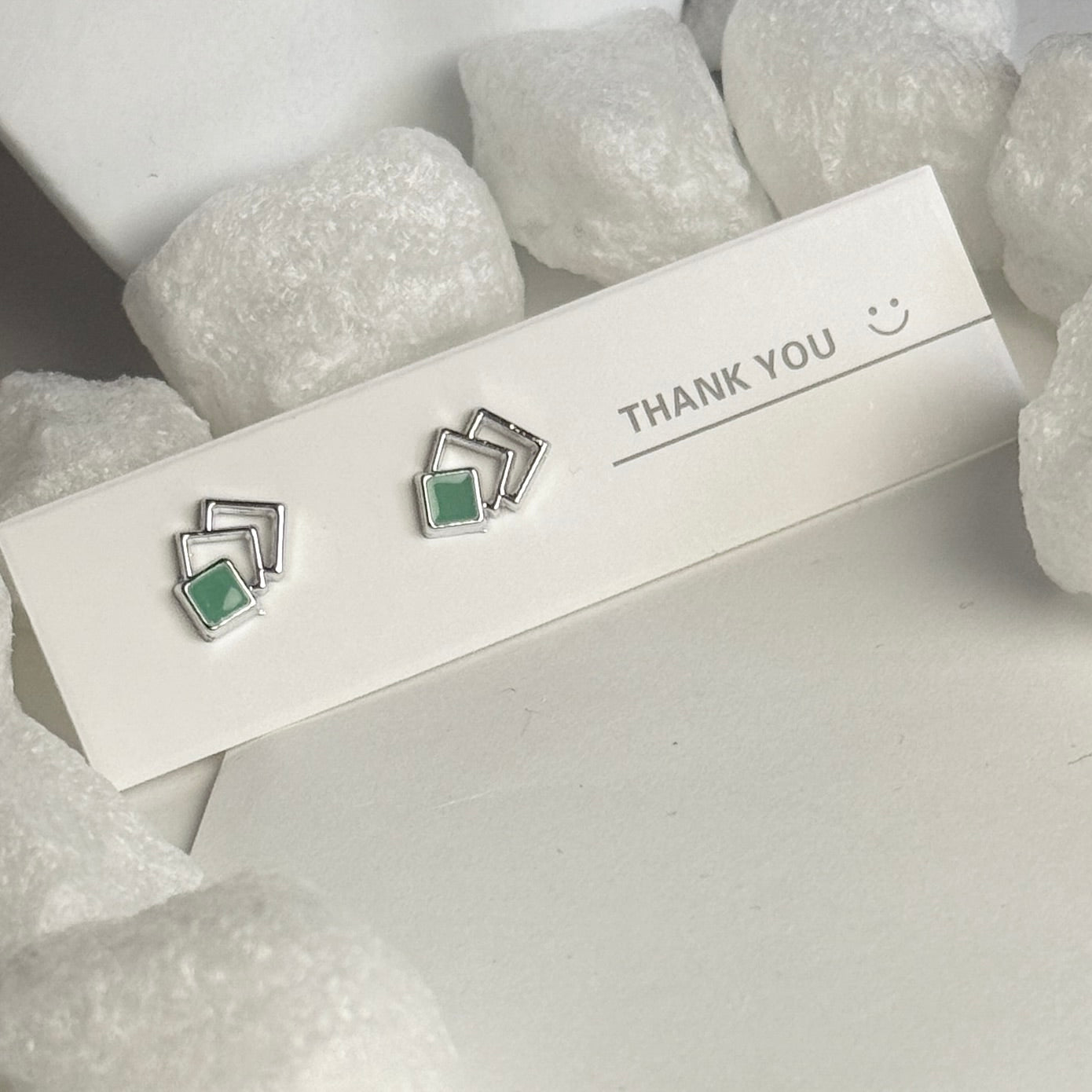 Green Enamel Double Square Silver Frame Stud Earrings B