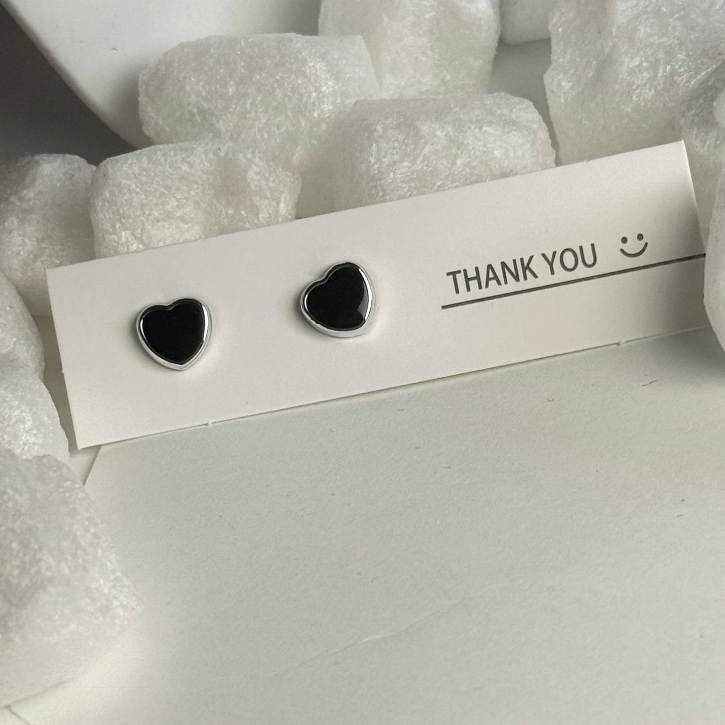 Black Enamel Heart Silver Frame Stud Earrings B