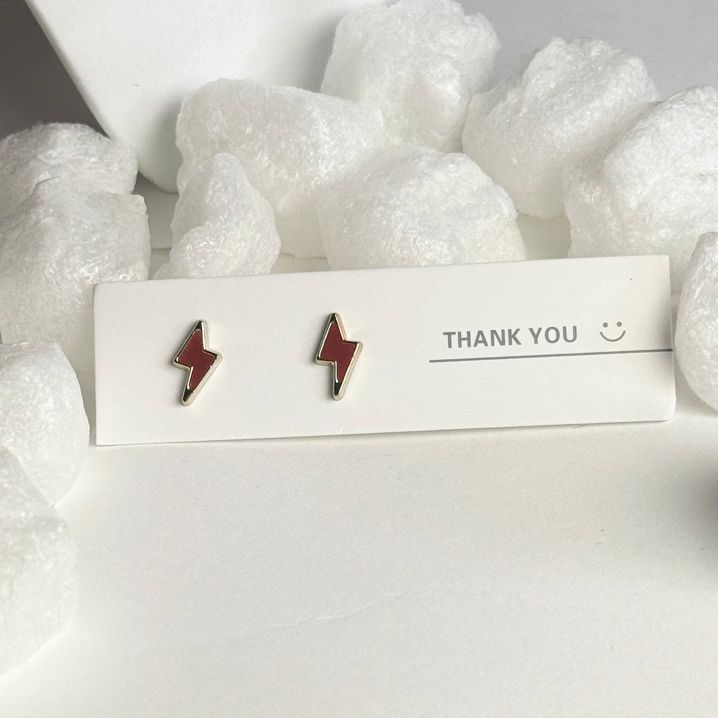 Red Enamel Lightning Bolt Silver Frame Stud Earrings B