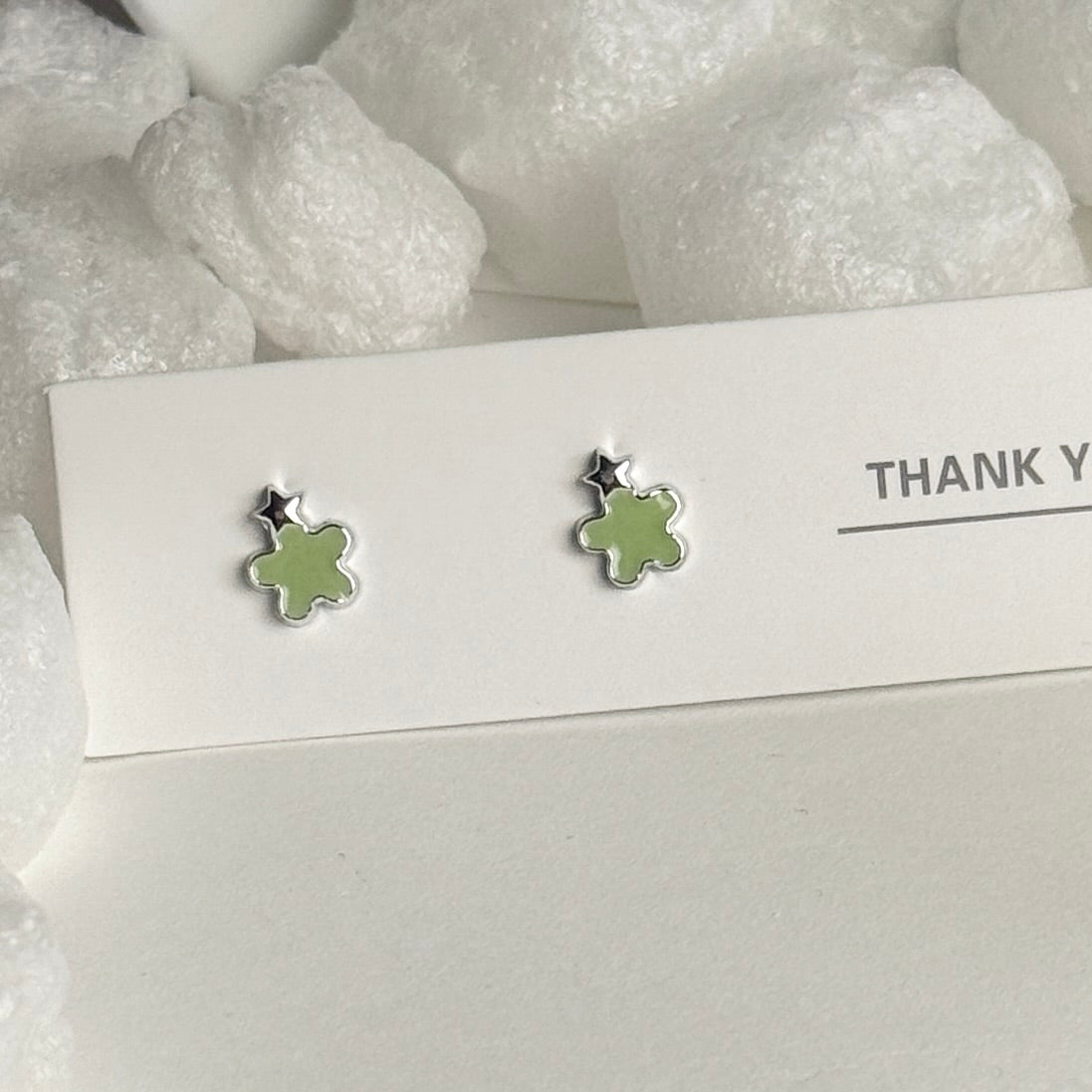 Green Enamel Four-Leaf Clover Silver Star Accent Stud Earrings B