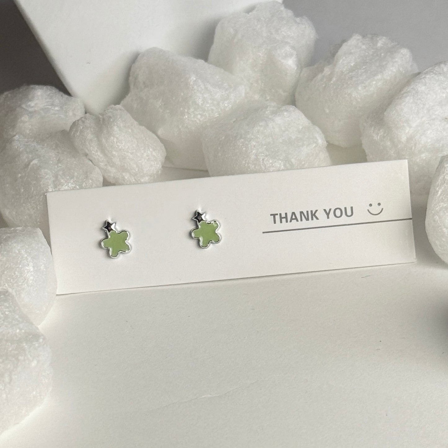 Green Enamel Four-Leaf Clover Silver Star Accent Stud Earrings B