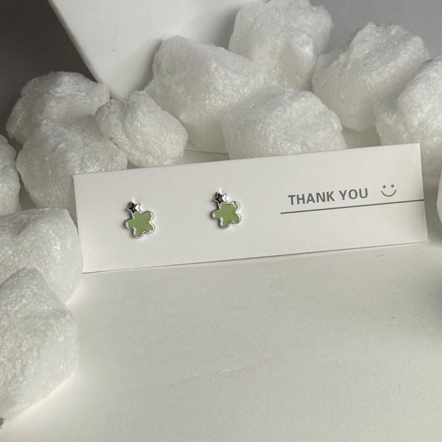 Green Enamel Four-Leaf Clover Silver Star Accent Stud Earrings B