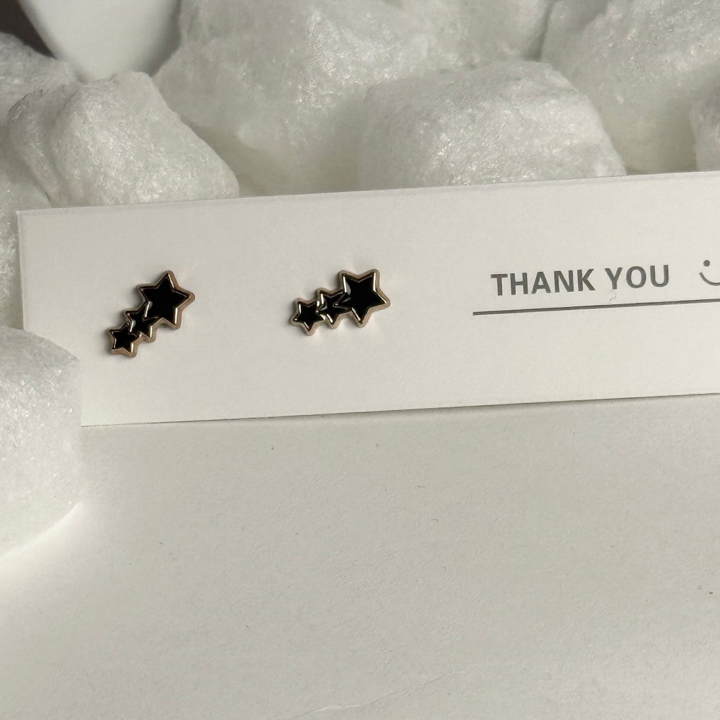 Black Enamel Triple Star Gold Frame Stud Earrings B