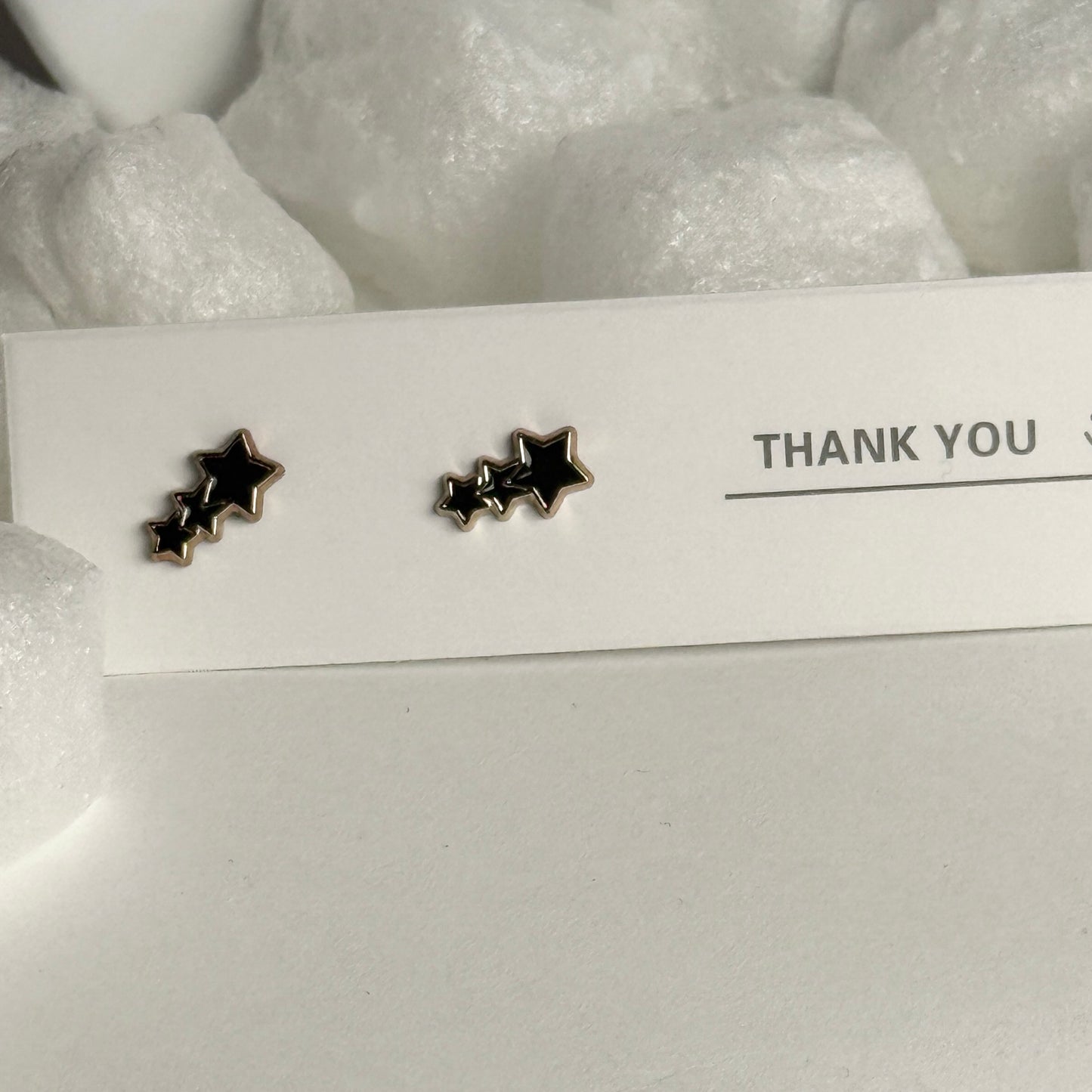 Black Enamel Triple Star Gold Frame Stud Earrings B
