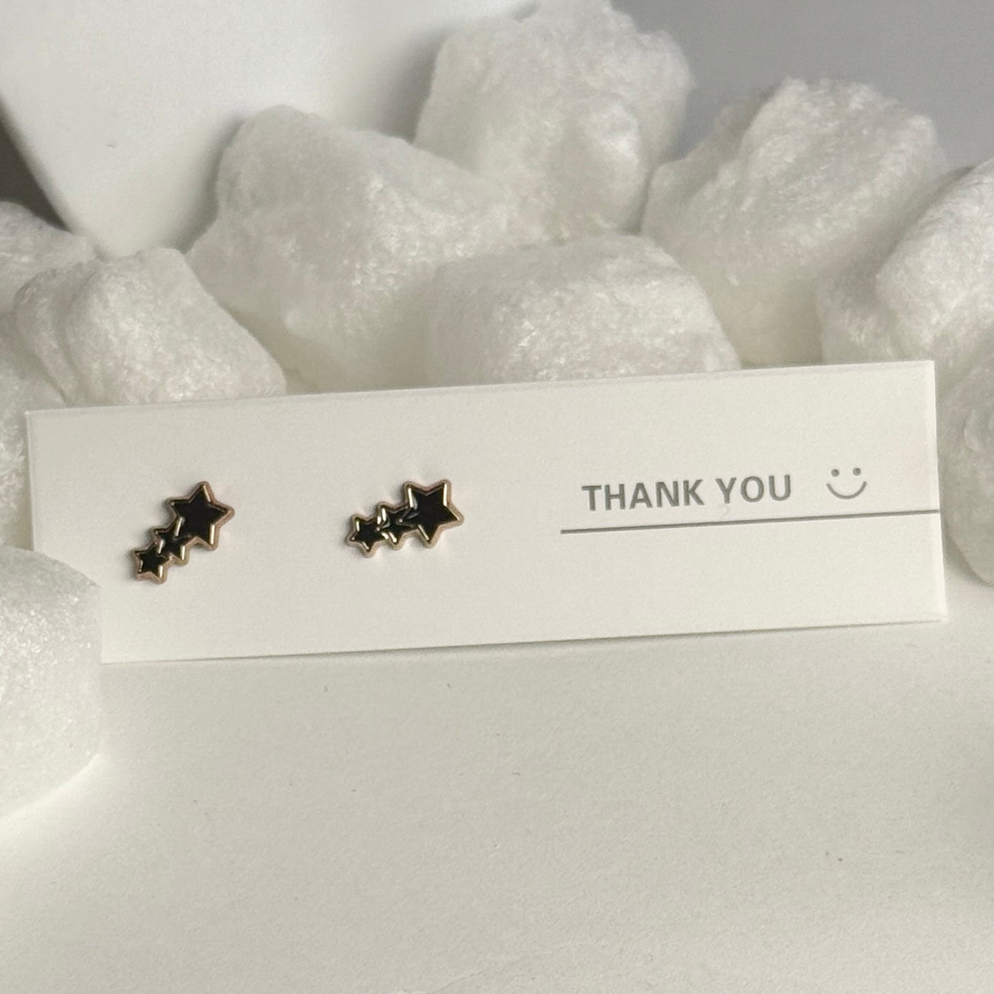 Black Enamel Triple Star Gold Frame Stud Earrings B