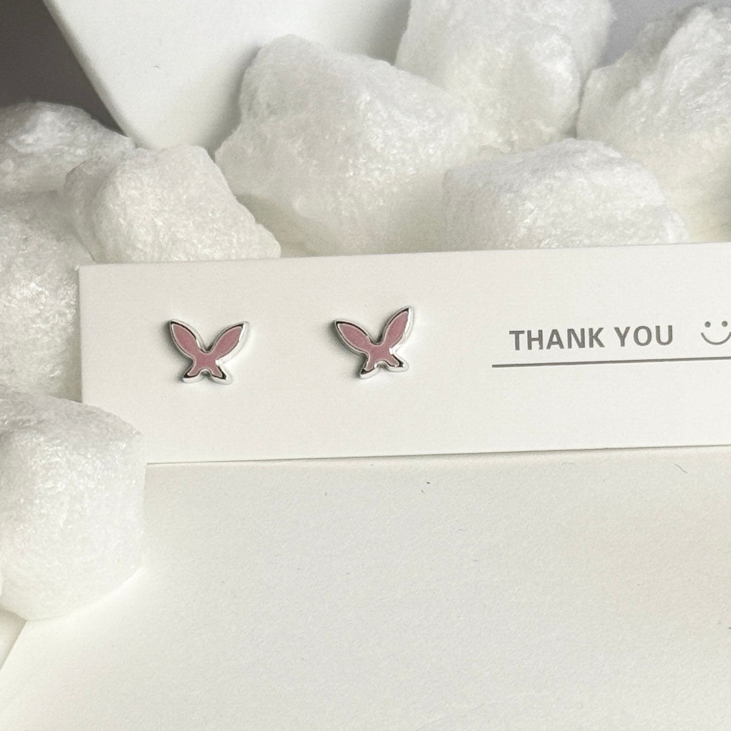 Pink Enamel Butterfly Silver Frame Stud Earrings B