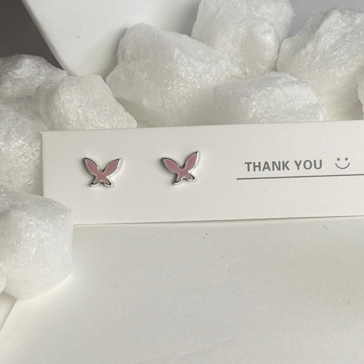 Pink Enamel Butterfly Silver Frame Stud Earrings B
