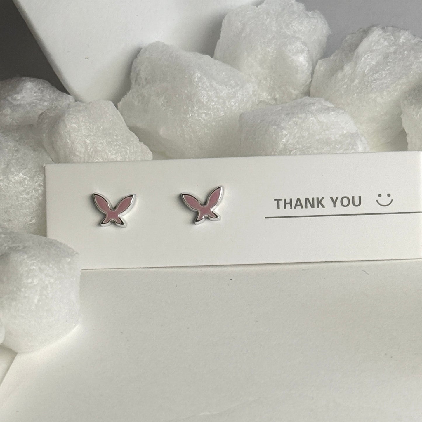 Pink Enamel Butterfly Silver Frame Stud Earrings B