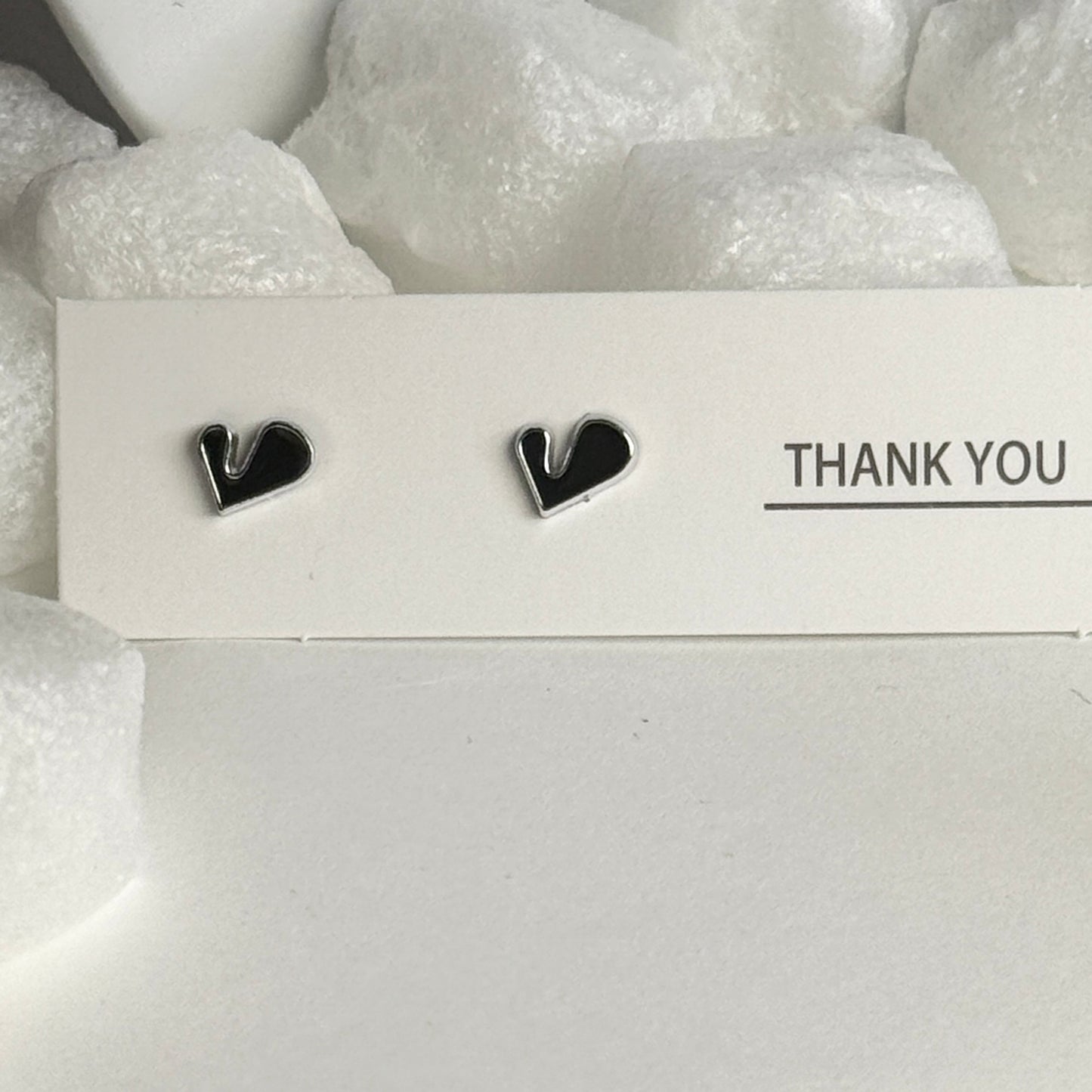 Black Enamel Heart Silver Frame Stud Earrings B