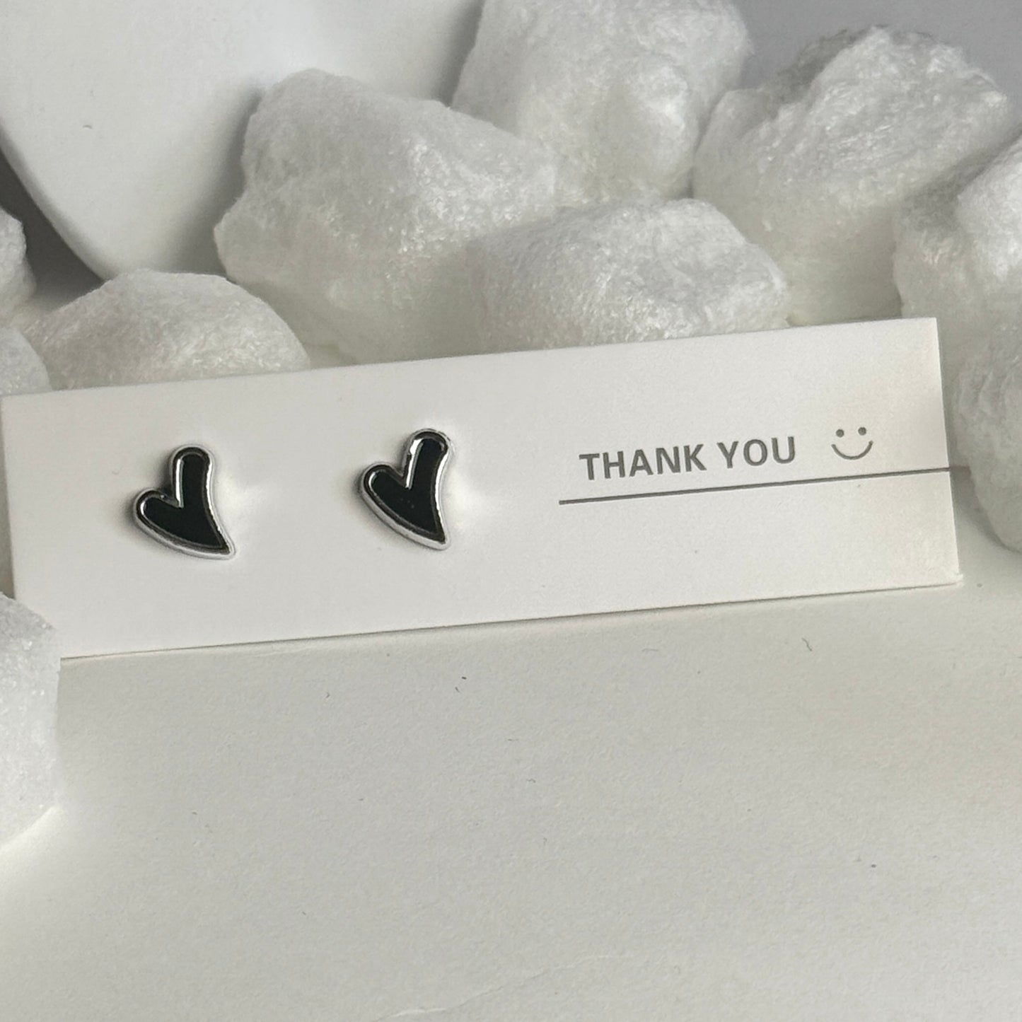 Black Enamel Heart Silver Frame Stud Earrings B