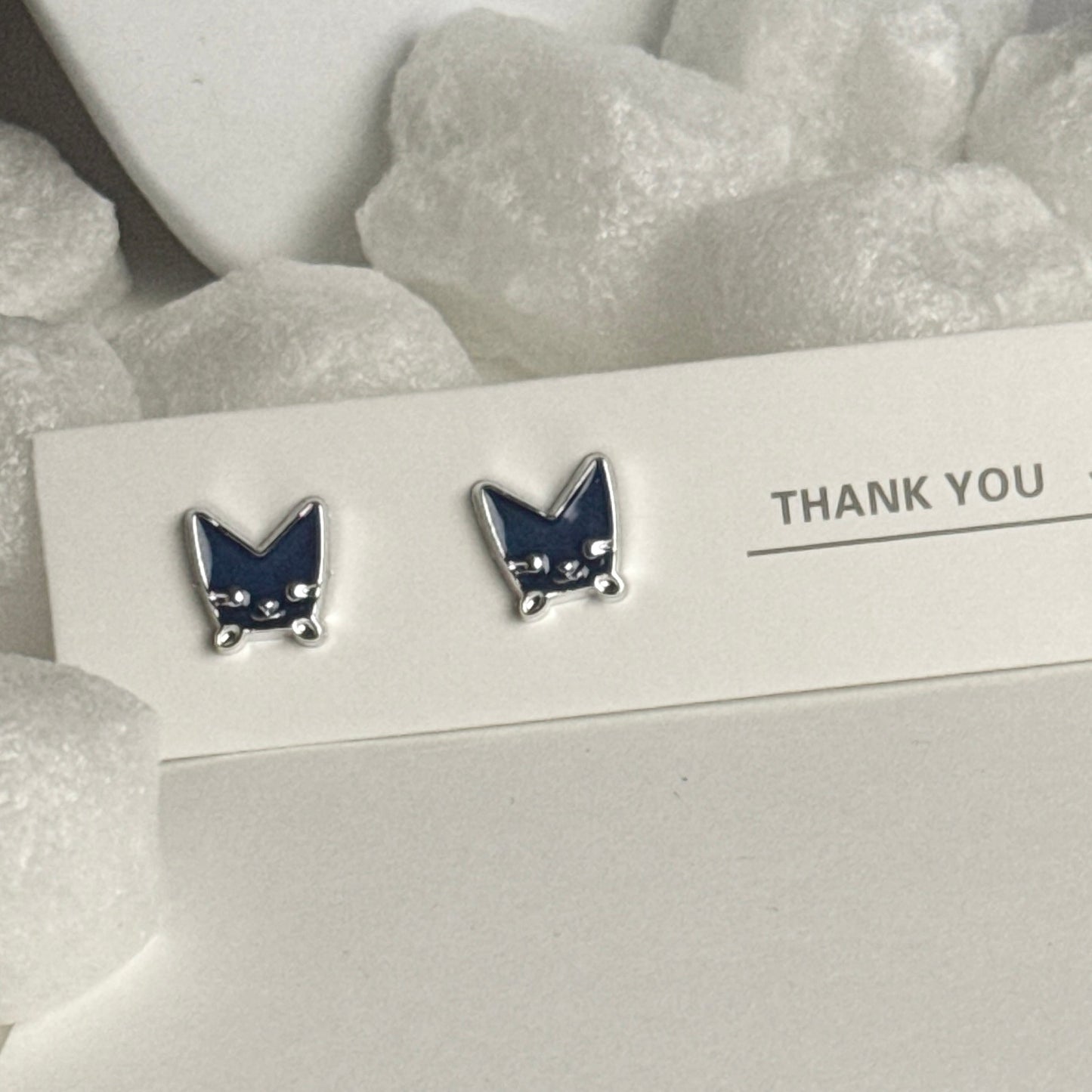 Black Enamel Cat Face Silver Frame Stud Earrings B