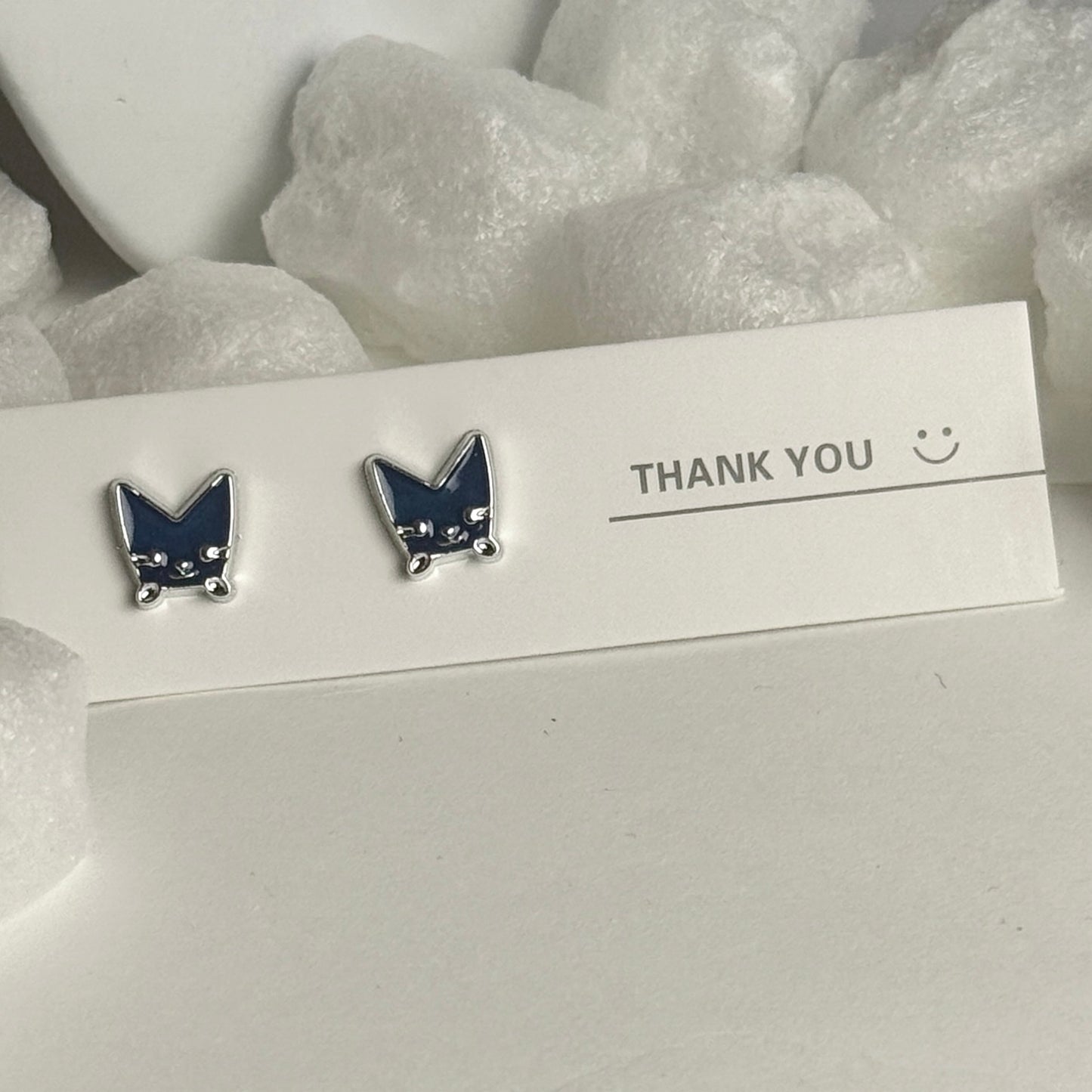 Black Enamel Cat Face Silver Frame Stud Earrings B