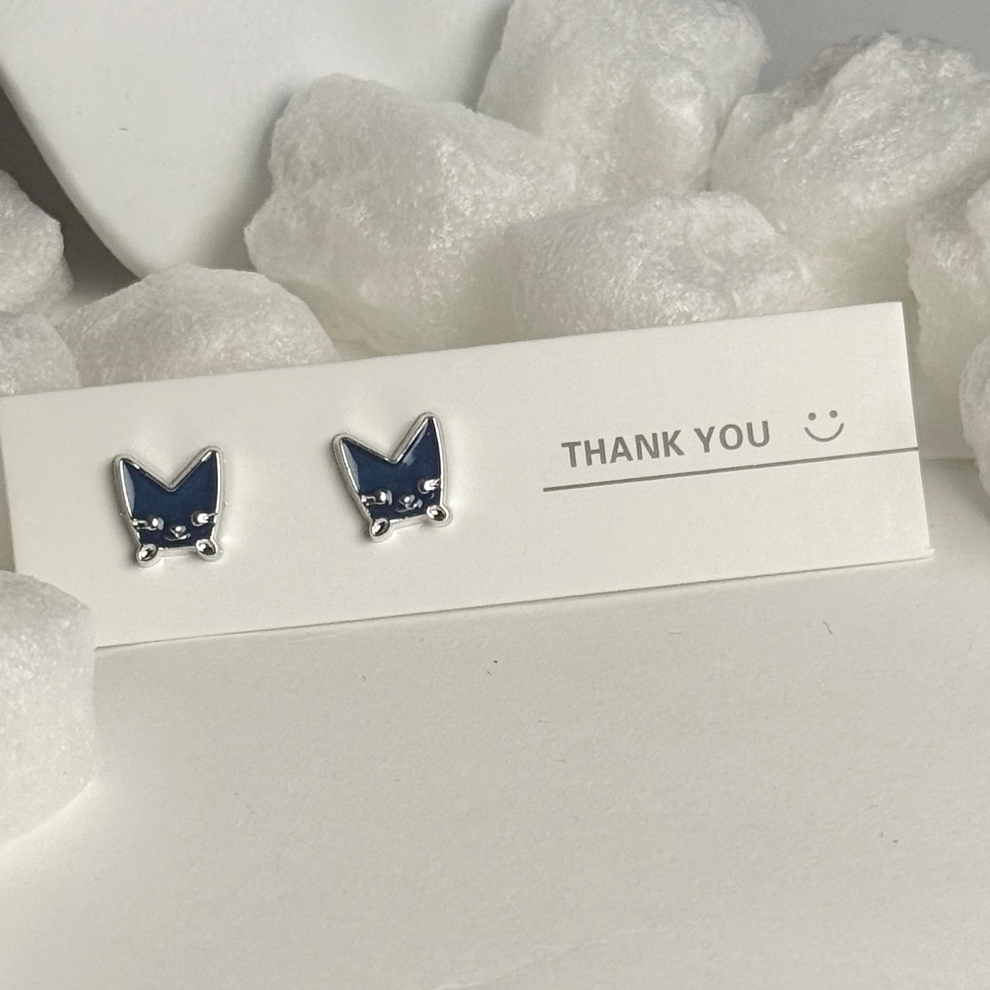 Black Enamel Cat Face Silver Frame Stud Earrings B