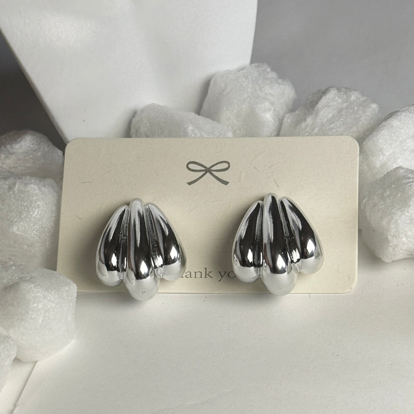 Silver Ridged Teardrop Stud Earrings