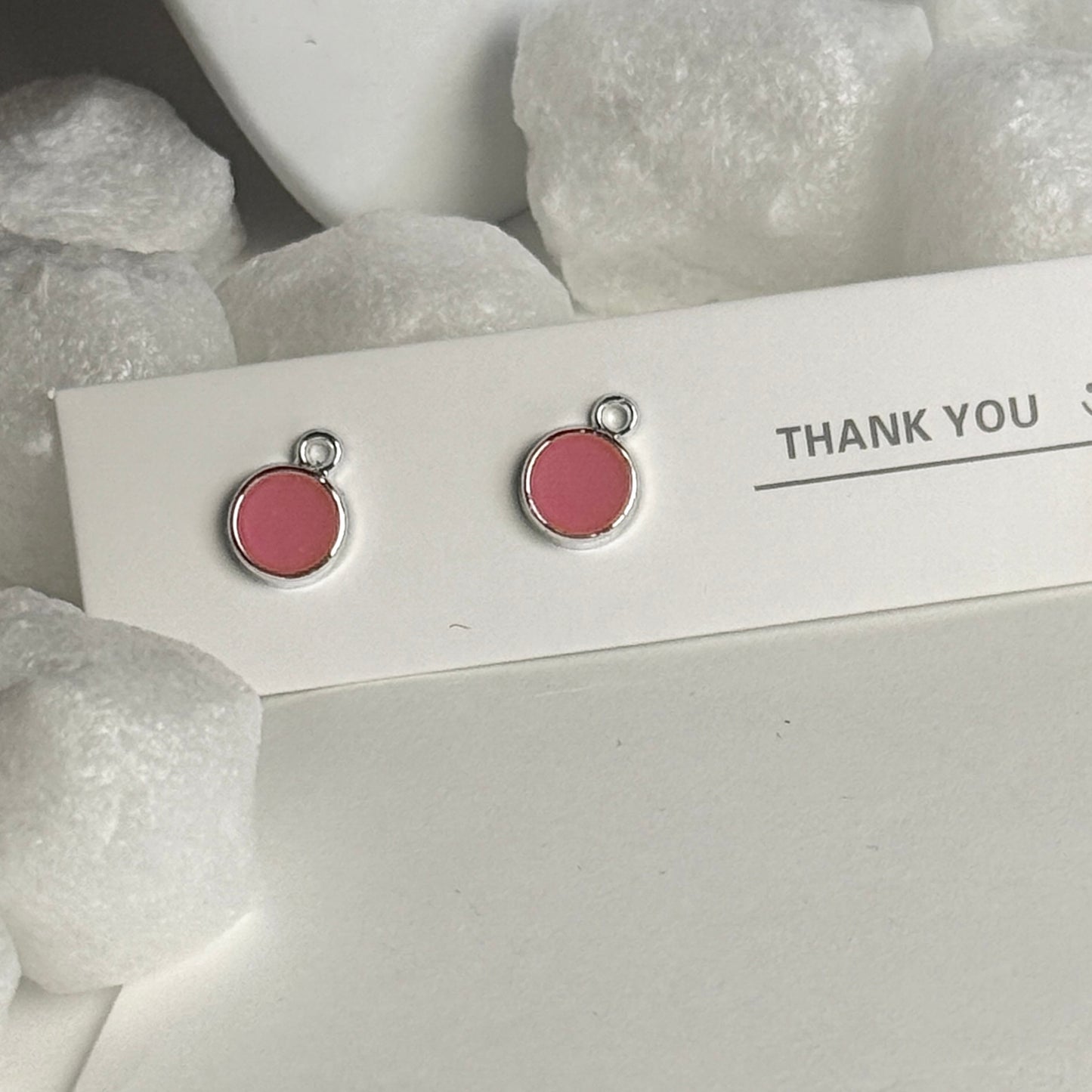 Pink Enamel Round Silver Frame Drop Earrings B