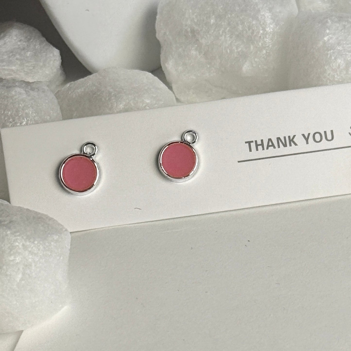 Pink Enamel Round Silver Frame Drop Earrings B