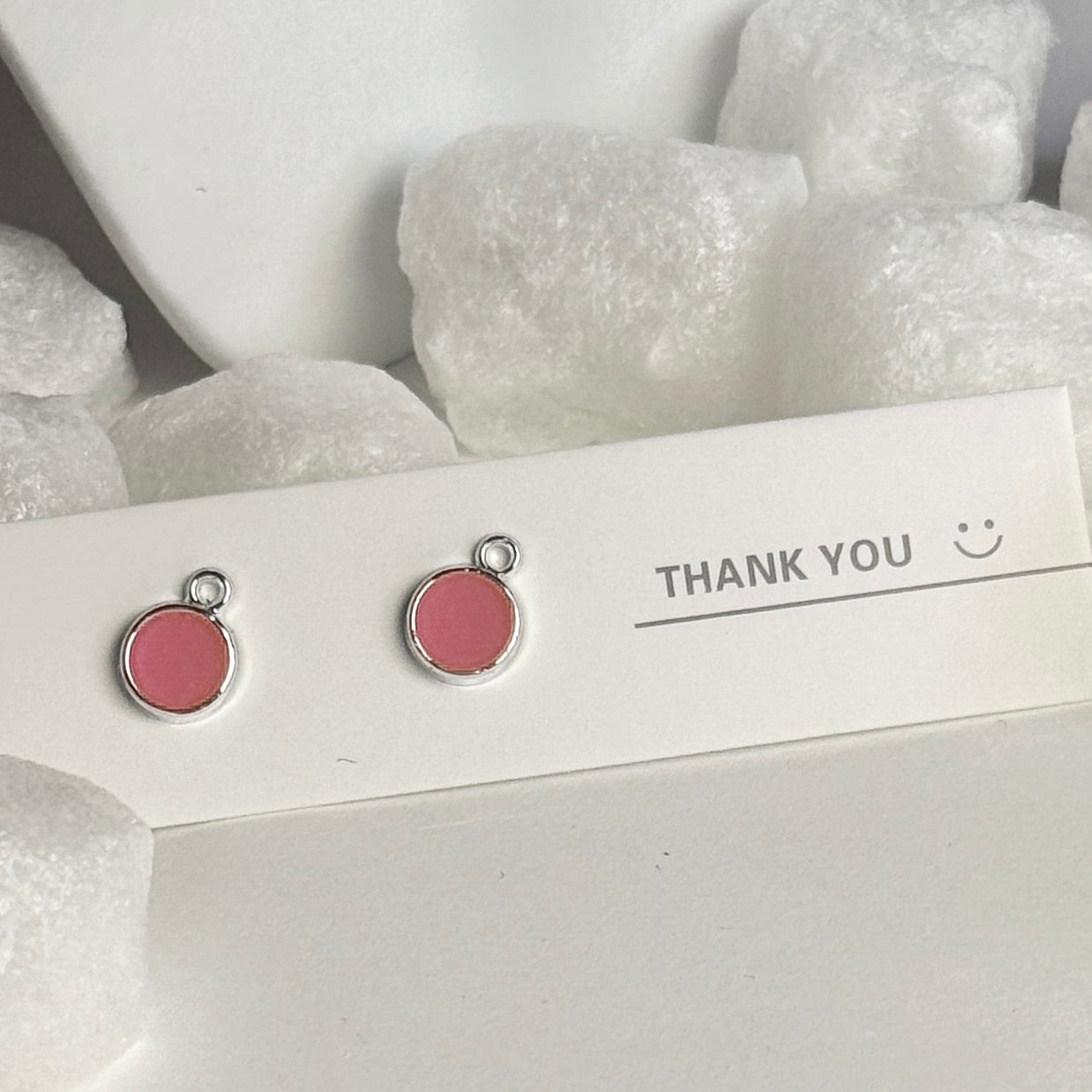 Pink Enamel Round Silver Frame Drop Earrings B