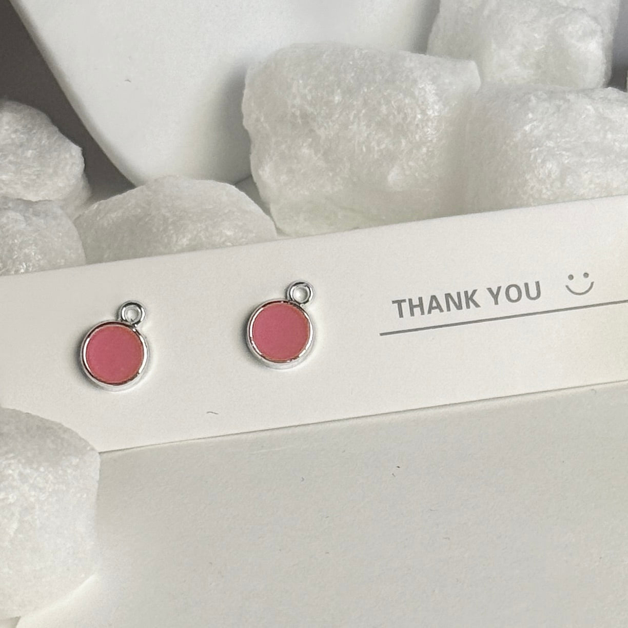Pink Enamel Round Silver Frame Drop Earrings B