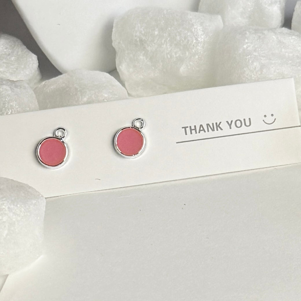 Pink Enamel Round Silver Frame Drop Earrings B