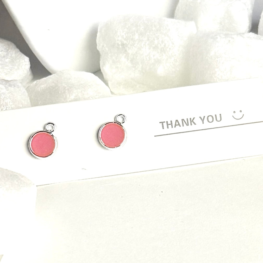 Pink Enamel Round Silver Frame Drop Earrings B