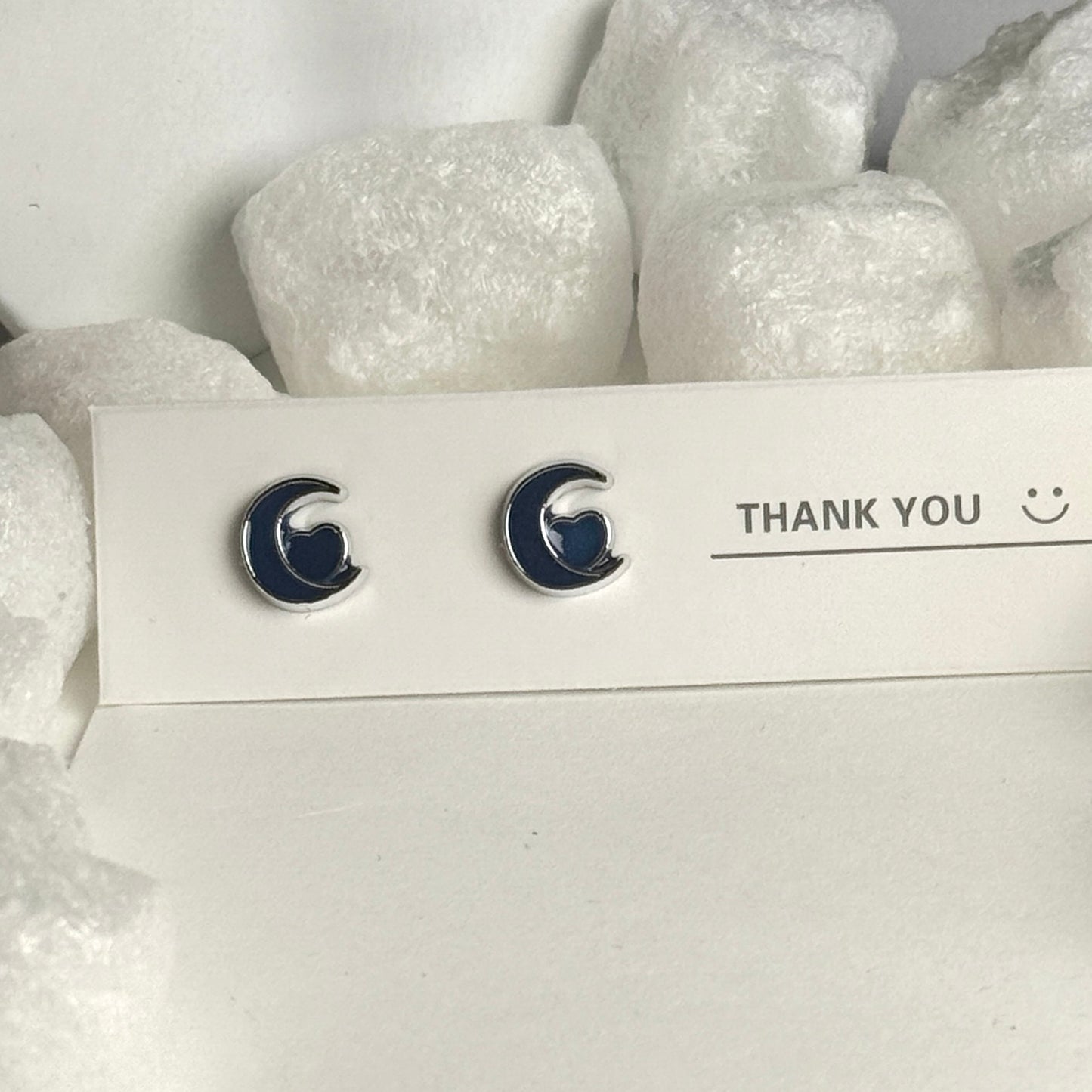 Navy Blue Enamel Crescent Moon Silver Frame Stud Earrings B