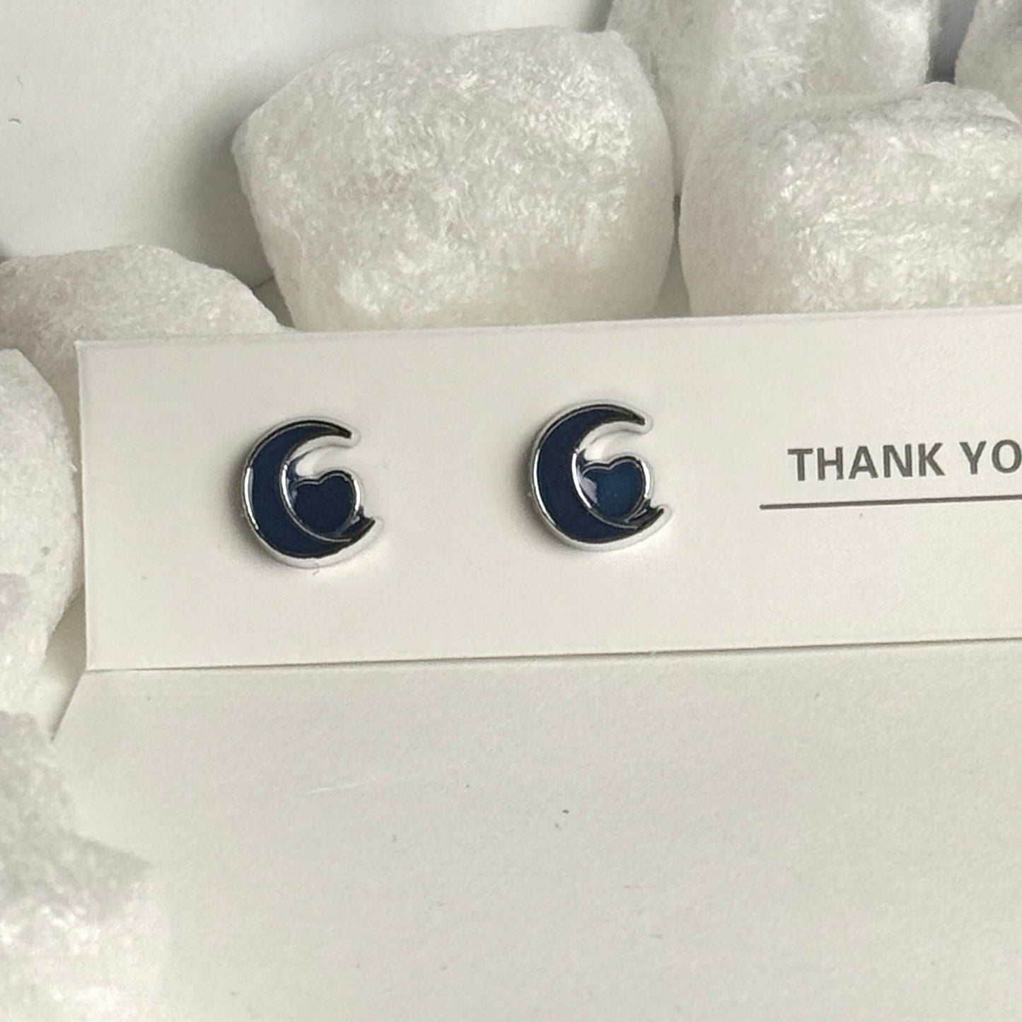 Navy Blue Enamel Crescent Moon Silver Frame Stud Earrings B