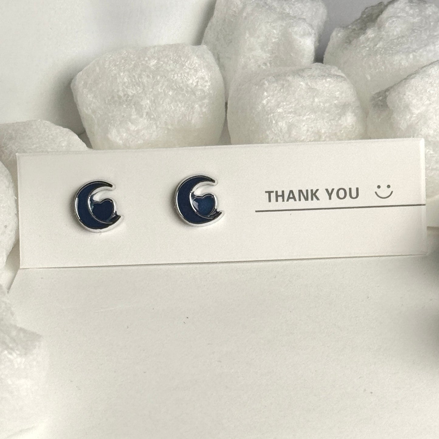 Navy Blue Enamel Crescent Moon Silver Frame Stud Earrings B