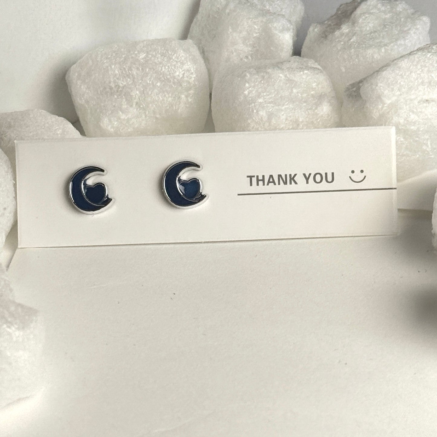 Navy Blue Enamel Crescent Moon Silver Frame Stud Earrings B