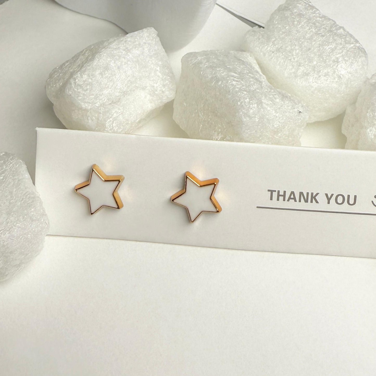 White Enamel Star Outline Golden Stud Earrings G