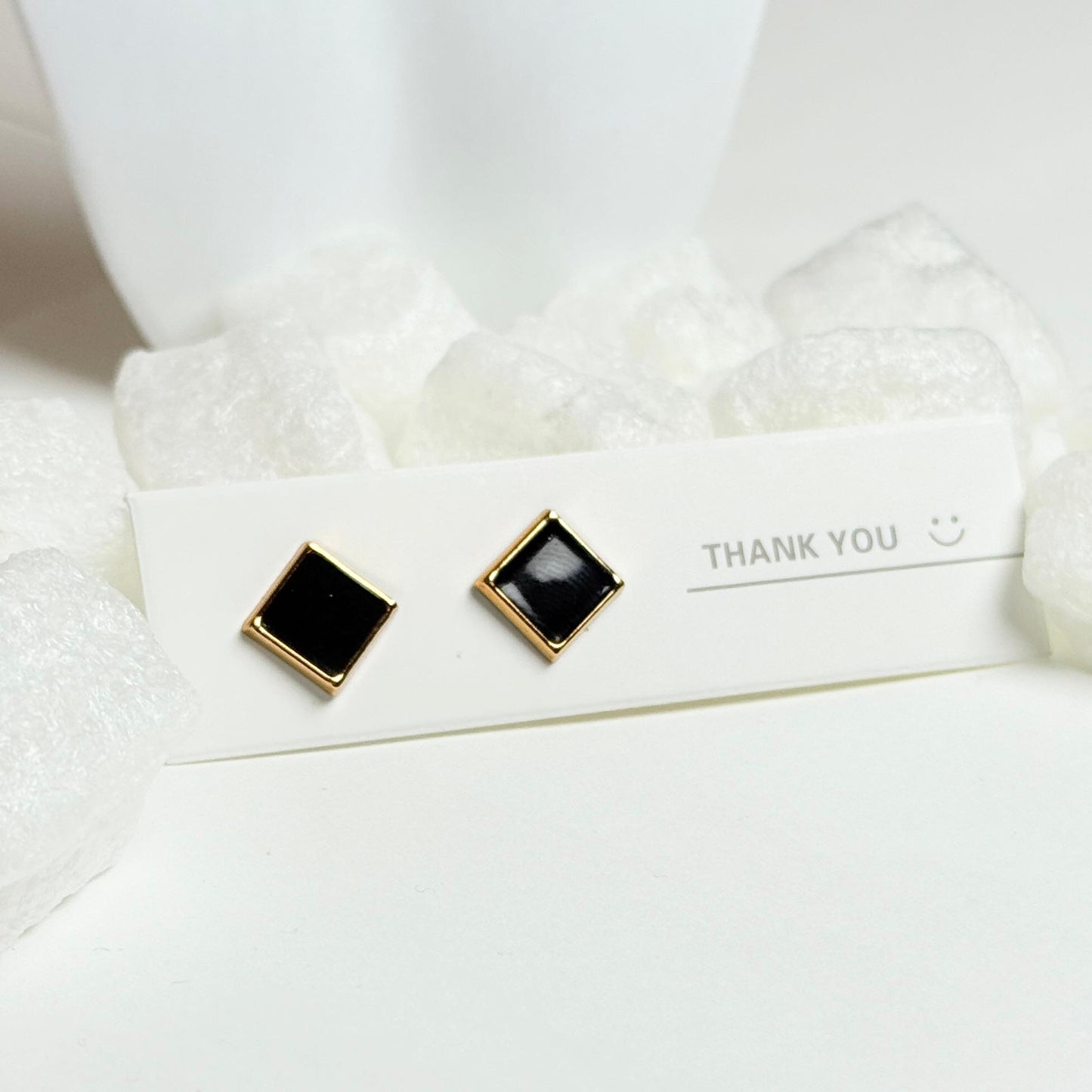 Black Square Stud Earrings with Gold Trim G