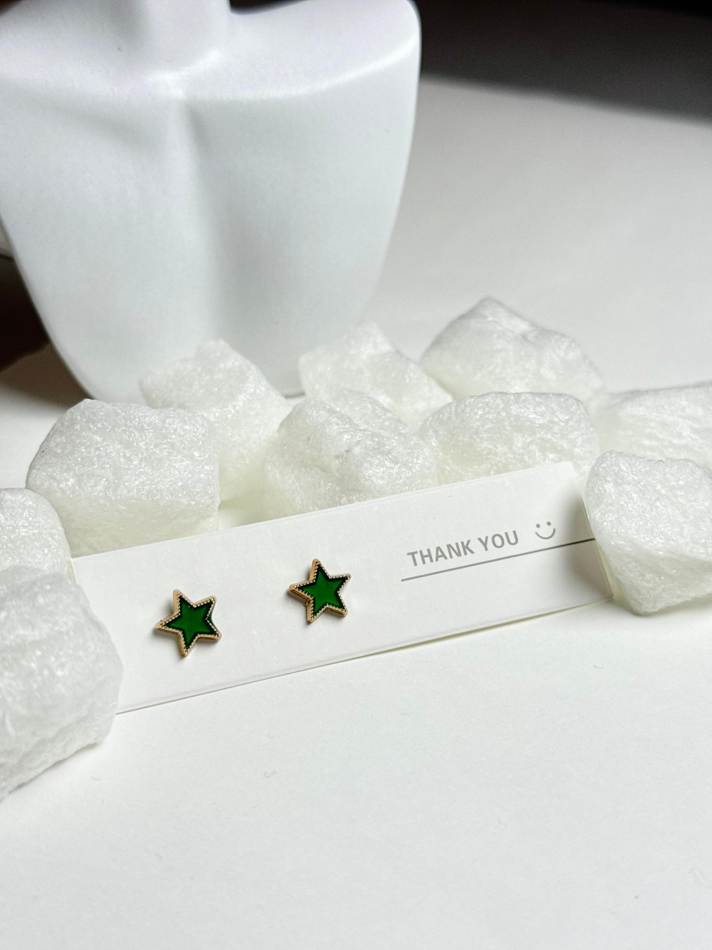 Green Star Stud Earrings with Gold Trim and Beaded Detailing G