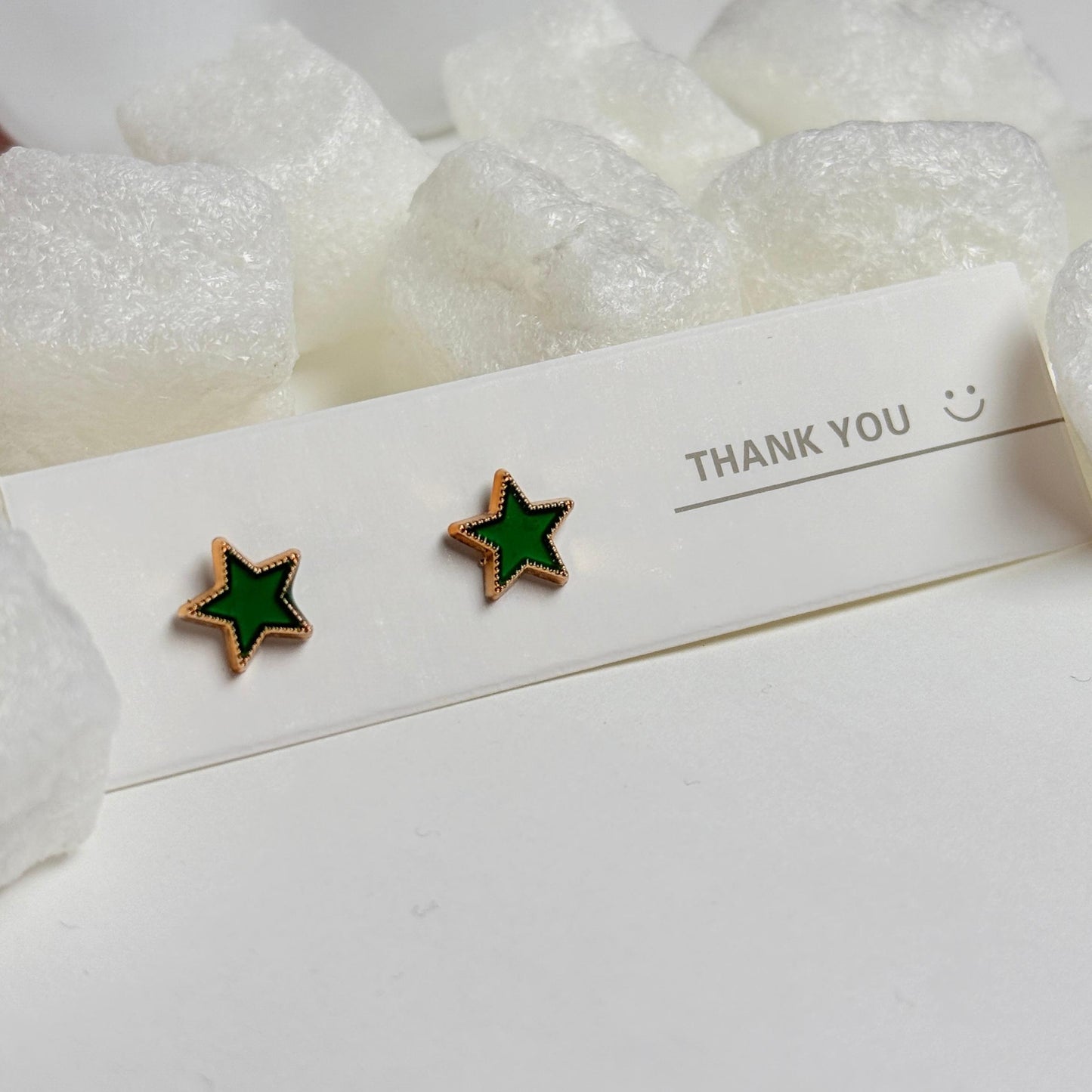 Green Star Stud Earrings with Gold Trim and Beaded Detailing G