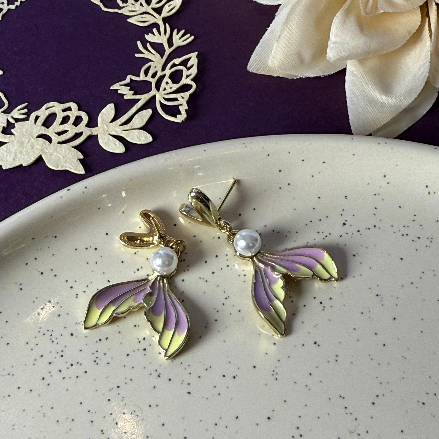 Mermaid Tail Pearl Drop Earrings - Purple & Gold Enamel