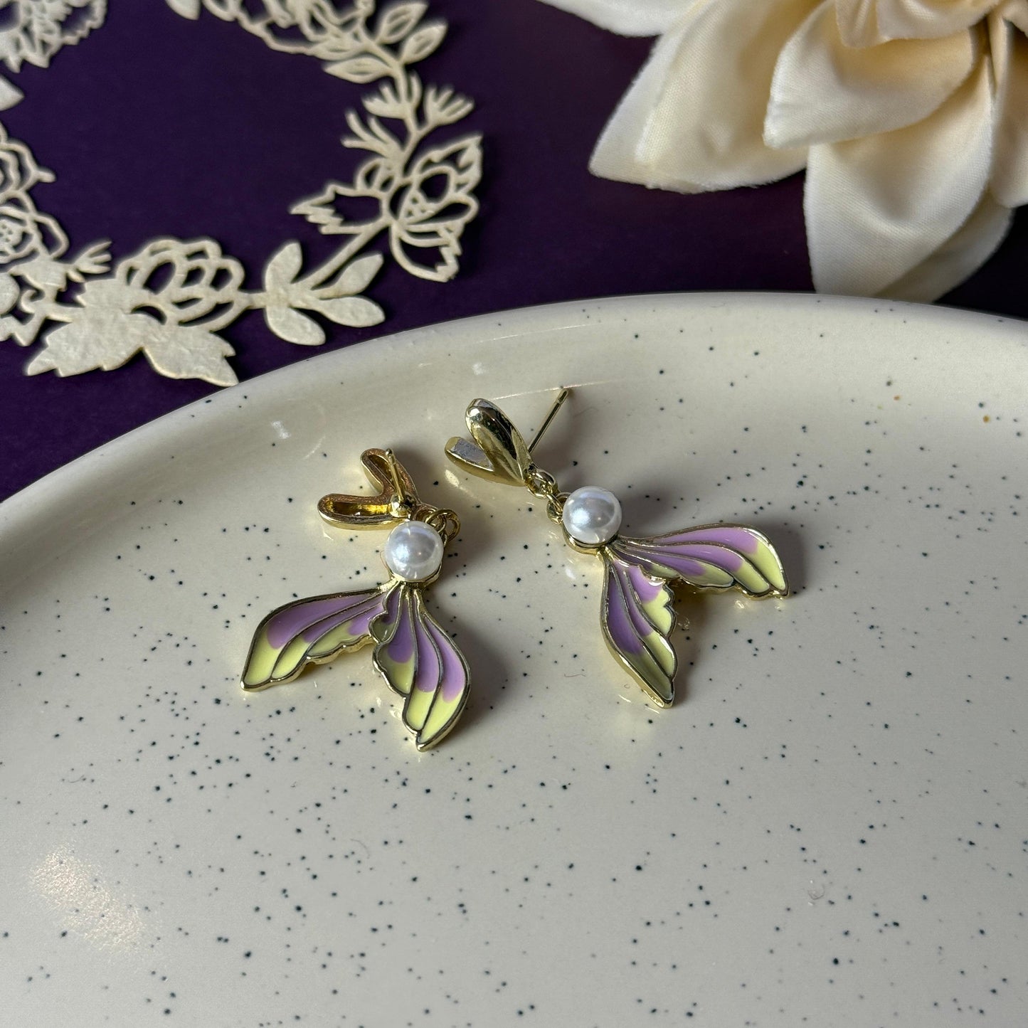 Mermaid Tail Pearl Drop Earrings - Purple & Gold Enamel